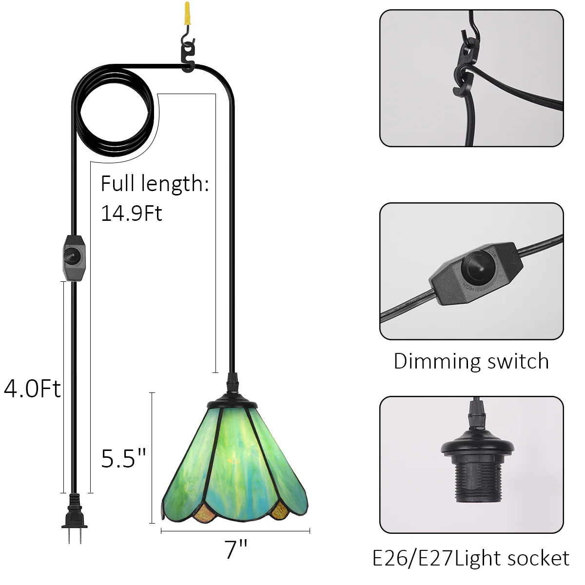 Cotoss Tiffany Pendant Light 1 - Light7 inch hanging pendant plug in Pendant,Perfect for a bedroom nightstand - Image 6