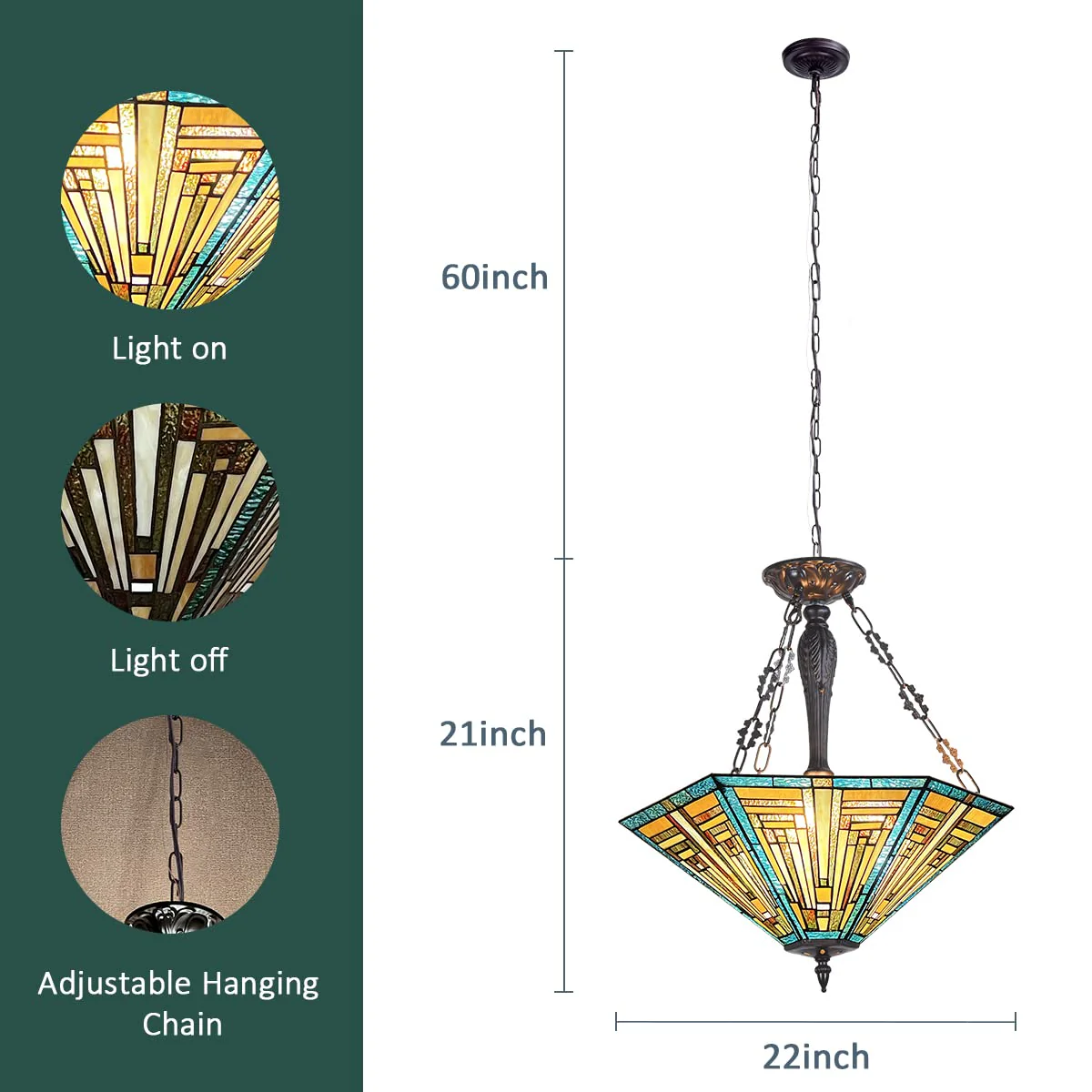COTOSS Tiffany Pendant Light Fixtures Stained Glass 22 Wide Large Hanging Lamp for Dining Room 3 Lights Antique Style Lighting for Living Room Kitchen Entryway - Image 6