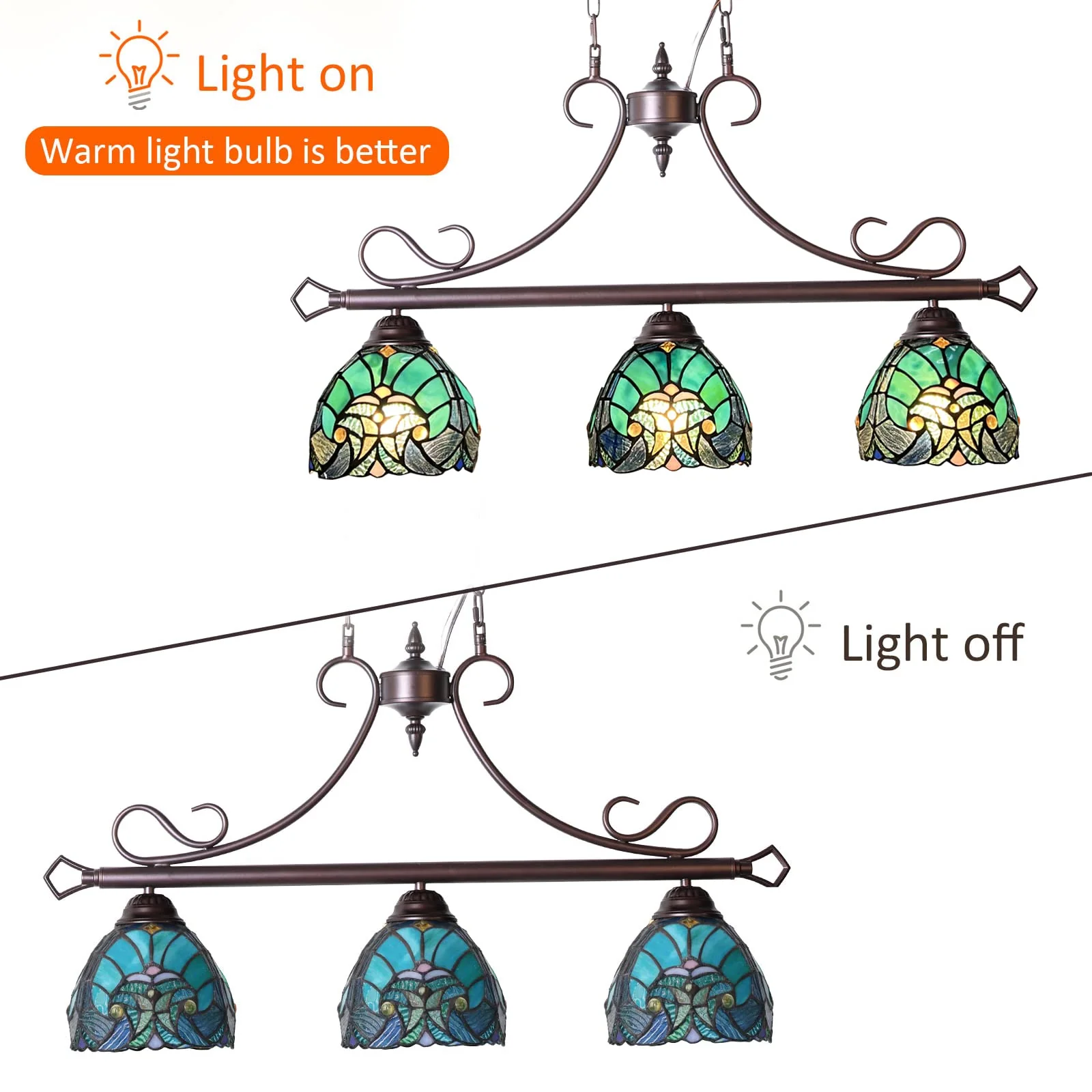 COTOSS Tiffany Pool Table Lights Hanging Chandelier 3 Lights Stained Glass Pendant Lighting Fixtures for Dining Room Kitchen Island Gameroom Bars - Image 7
