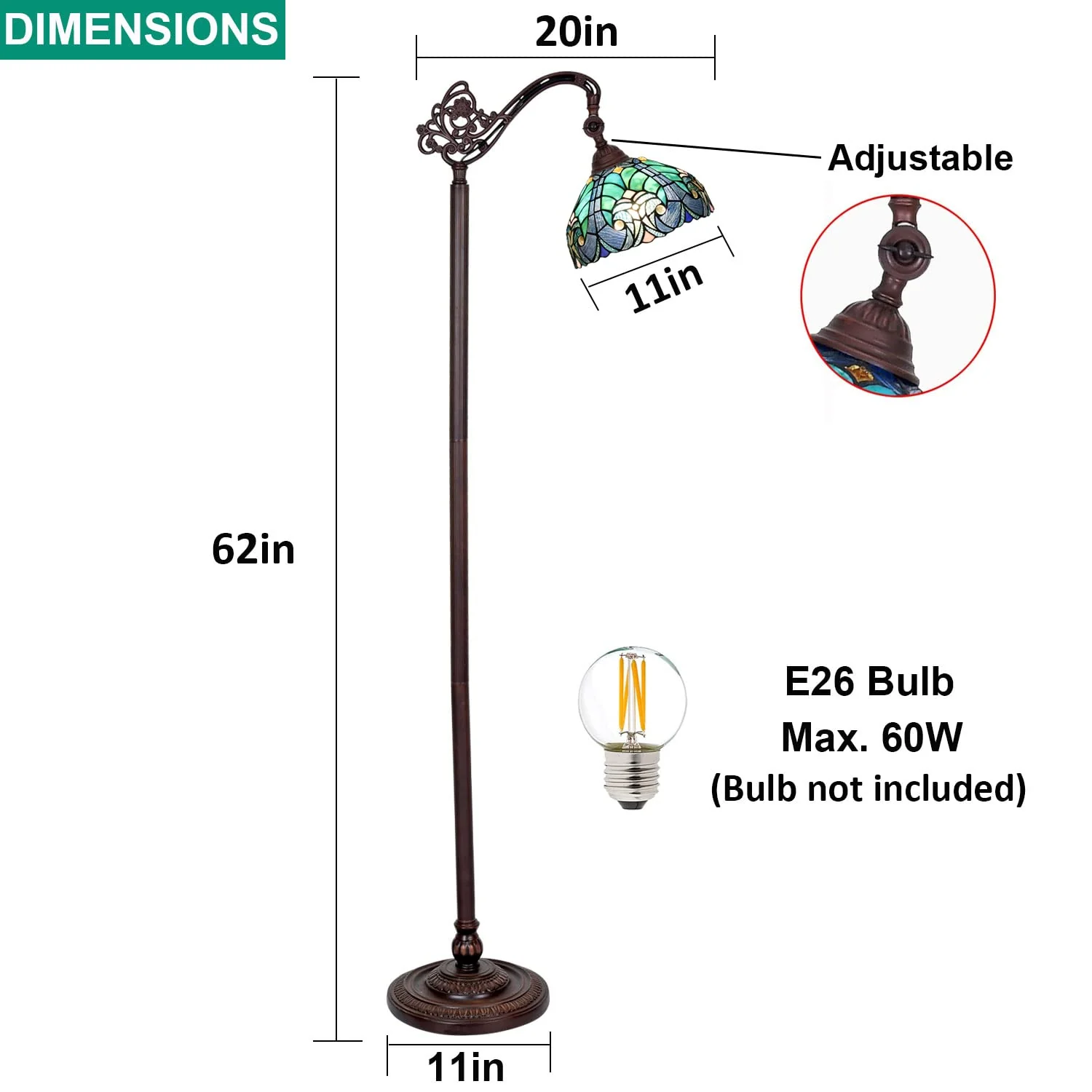 COTOSS Tiffany Reading Floor Lamp,Stained Glass Gooseneck Floor Light for Reading,Antique Style Tall Standing Lamp for Living Room Bedroom and Office - Image 6