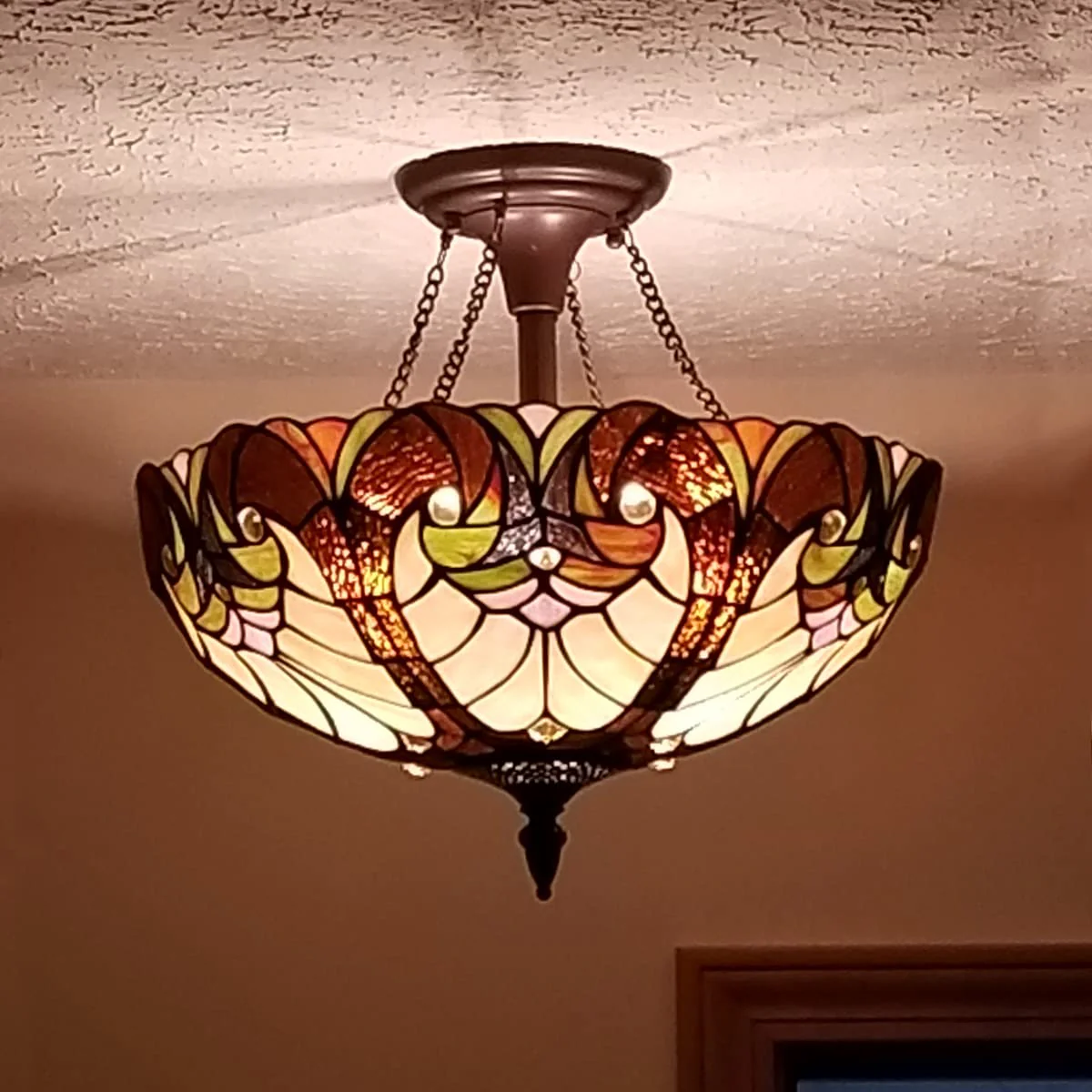 Cotoss Tiffany Style Ceiling Light Fixtures 16” Wide Stained Glass Ceiling Lamp 2-Light Antique Victorian Style Semi Flush Mount Ceiling Lights for Hallway Bedroom Kitchen - Image 3