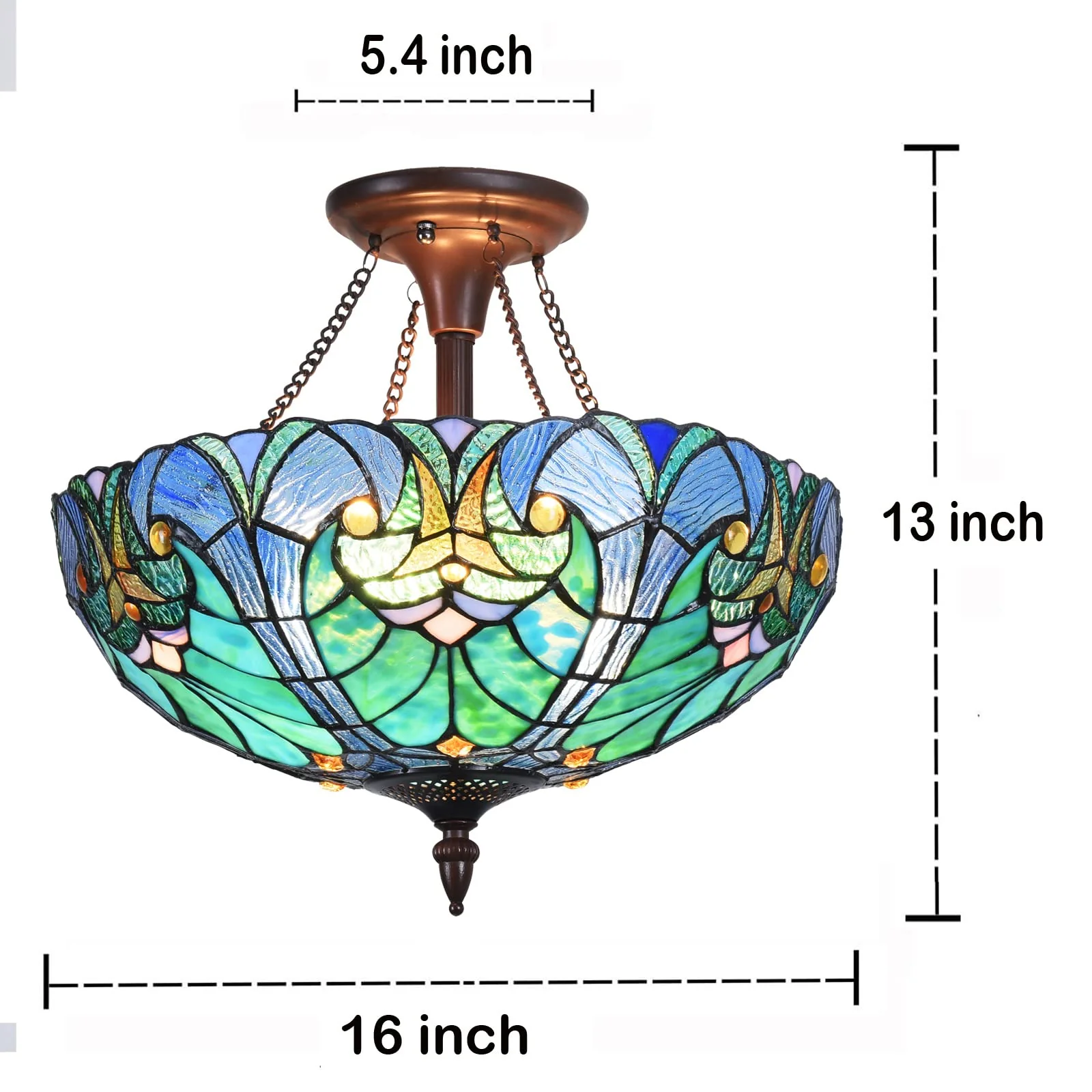 Cotoss Tiffany Style Ceiling Light Fixtures 16” Wide Stained Glass Lamp Shade 2-Light Classical Victorian Style Semi Flush Mount Ceiling Light for Hallway Bedroom Kitchen - Image 4