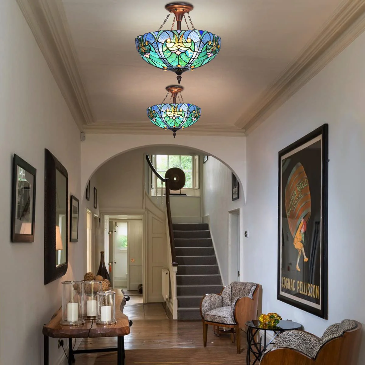 Cotoss Tiffany Style Ceiling Light Fixtures 16” Wide Stained Glass Lamp Shade 2-Light Classical Victorian Style Semi Flush Mount Ceiling Light for Hallway Bedroom Kitchen - Image 5