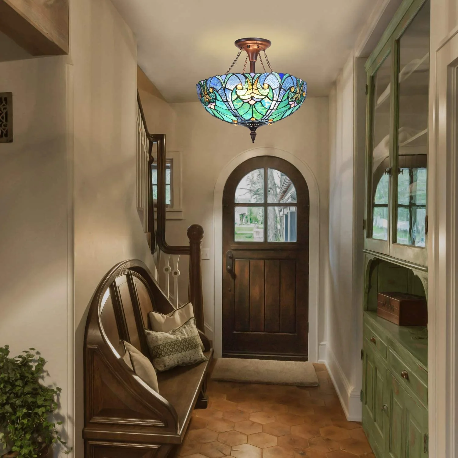 Cotoss Tiffany Style Ceiling Light Fixtures 16” Wide Stained Glass Lamp Shade 2-Light Classical Victorian Style Semi Flush Mount Ceiling Light for Hallway Bedroom Kitchen - Image 7