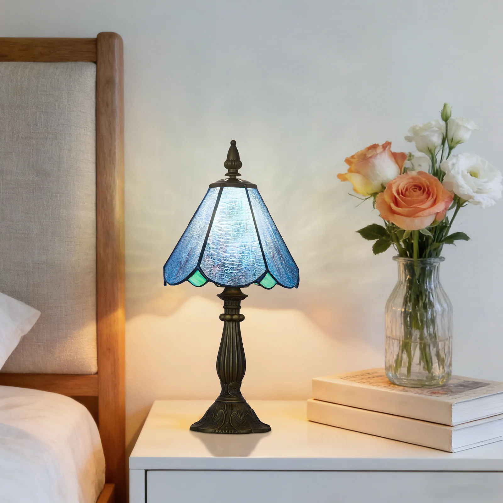 Cotoss Tiffany Table Lamp,Handcrafts Stained Glass Style Table Light,Blue Small Desk Bedside Table Night Lamp for Living Room Bedroom Study Office Bookcase Desk Light - Image 3