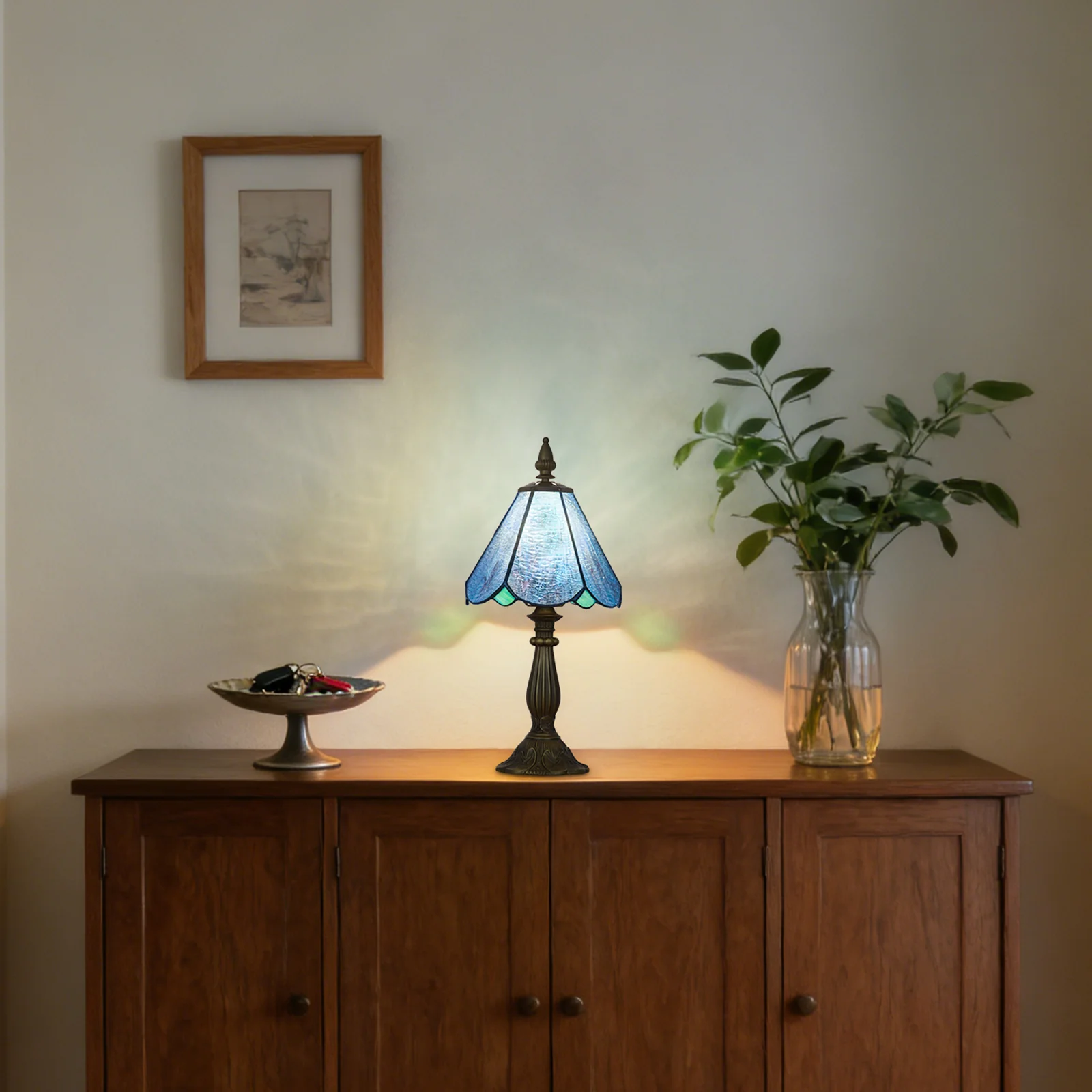 Cotoss Tiffany Table Lamp,Handcrafts Stained Glass Style Table Light,Blue Small Desk Bedside Table Night Lamp for Living Room Bedroom Study Office Bookcase Desk Light - Image 5