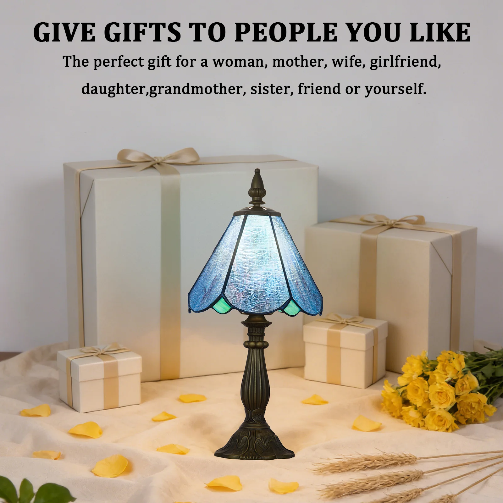 Cotoss Tiffany Table Lamp,Handcrafts Stained Glass Style Table Light,Blue Small Desk Bedside Table Night Lamp for Living Room Bedroom Study Office Bookcase Desk Light - Image 6