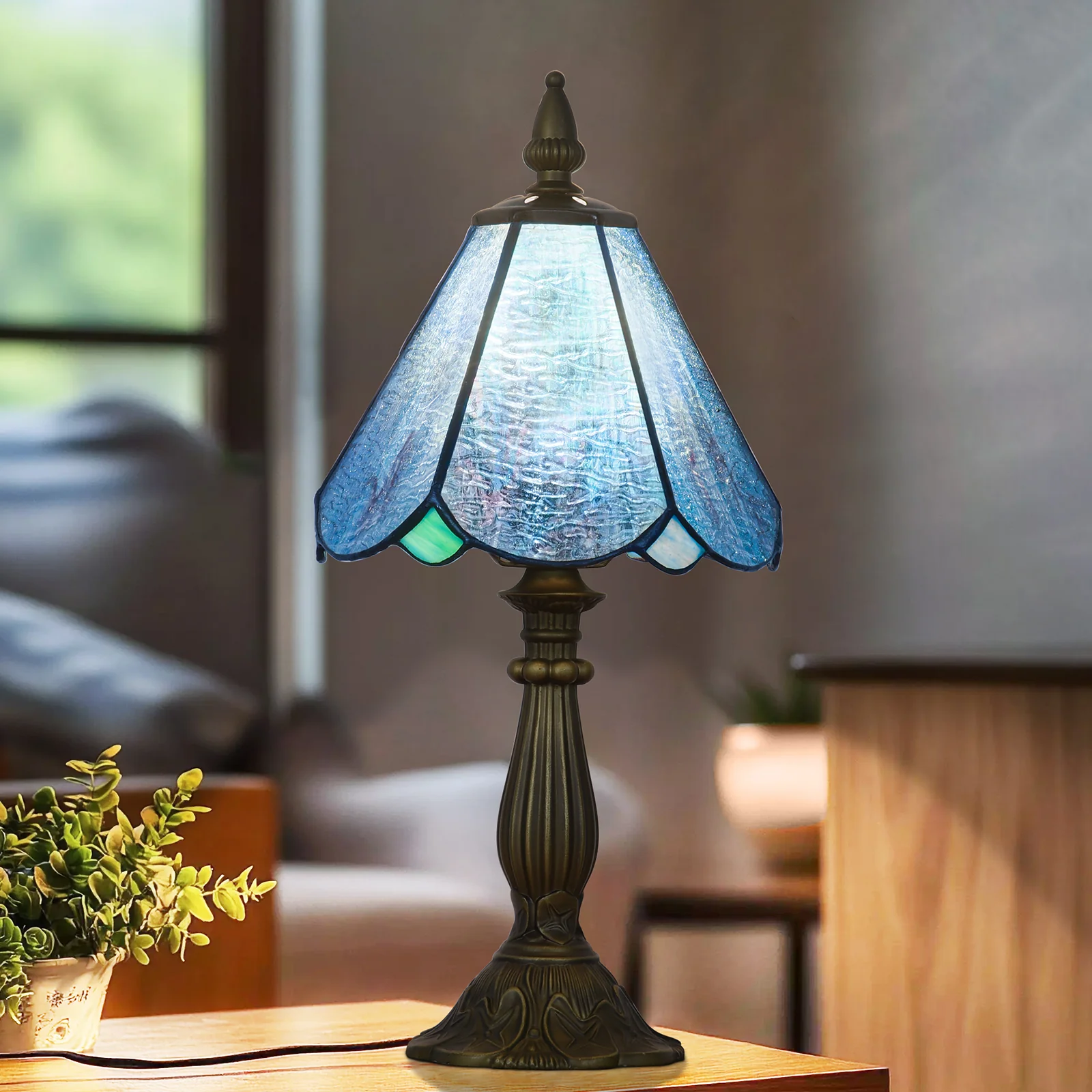 Cotoss Tiffany Table Lamp,Handcrafts Stained Glass Style Table Light,Blue Small Desk Bedside Table Night Lamp for Living Room Bedroom Study Office Bookcase Desk Light - Image 7
