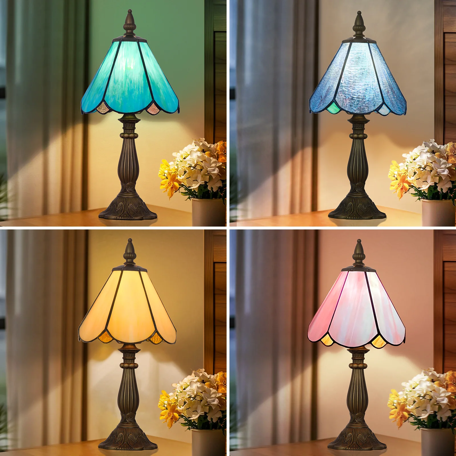 Cotoss Tiffany Table Lamp,Handcrafts Stained Glass Style Table Light,Blue Small Desk Bedside Table Night Lamp for Living Room Bedroom Study Office Bookcase Desk Light - Image 11