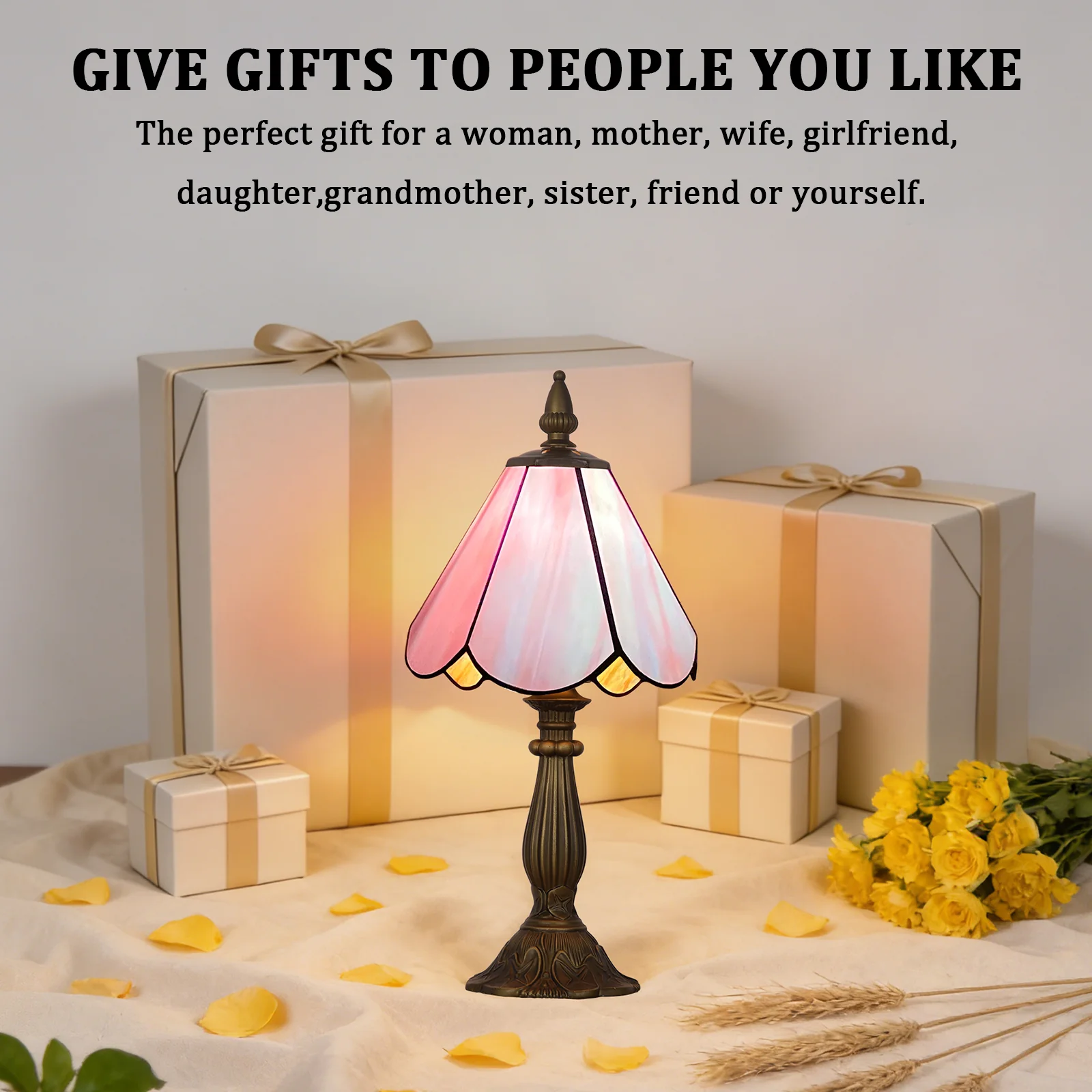 Cotoss Tiffany Table Lamp,Handcrafts Stained Glass Style Table Light,Small Desk Bedside Table Night Lamp for Living Room Bedroom Study Office Bookcase Desk Light - Image 6