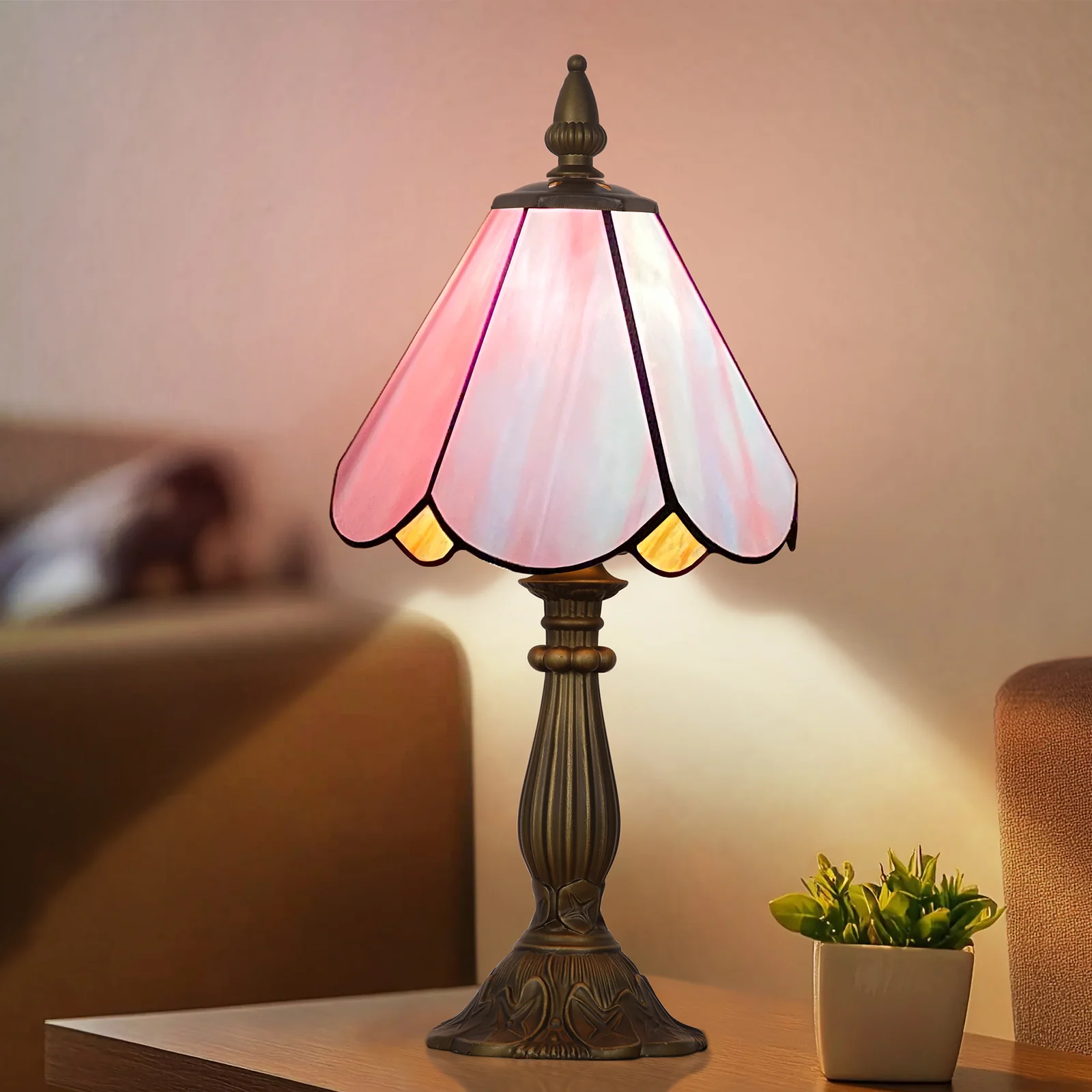 Cotoss Tiffany Table Lamp,Handcrafts Stained Glass Style Table Light,Small Desk Bedside Table Night Lamp for Living Room Bedroom Study Office Bookcase Desk Light - Image 7