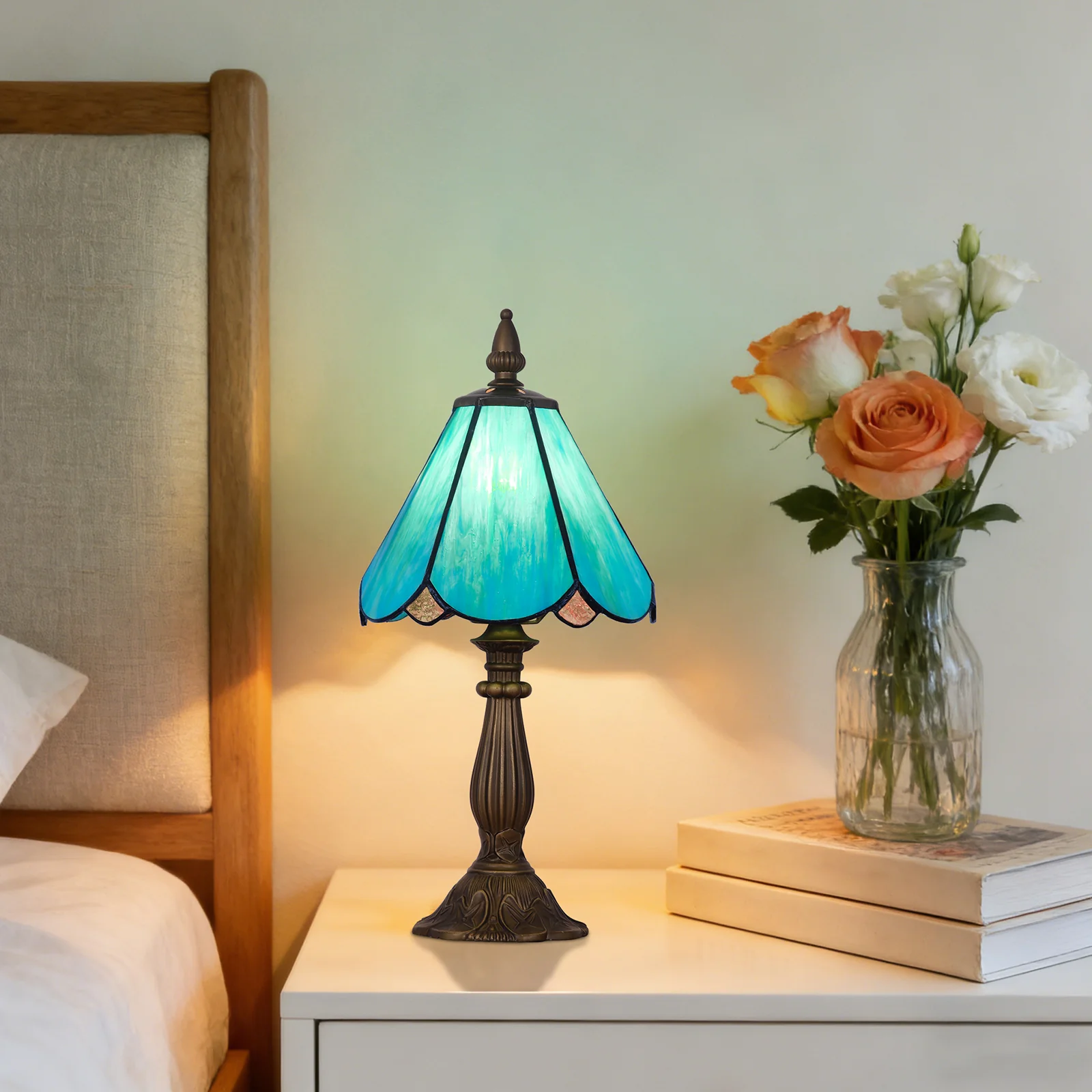 Cotoss Tiffany Table Lamp,Handcrafts Stained Glass Style Table Light,Small Desk Bedside Table Night Lamp for Living Room Bedroom Study Office Bookcase Desk Light - Image 3