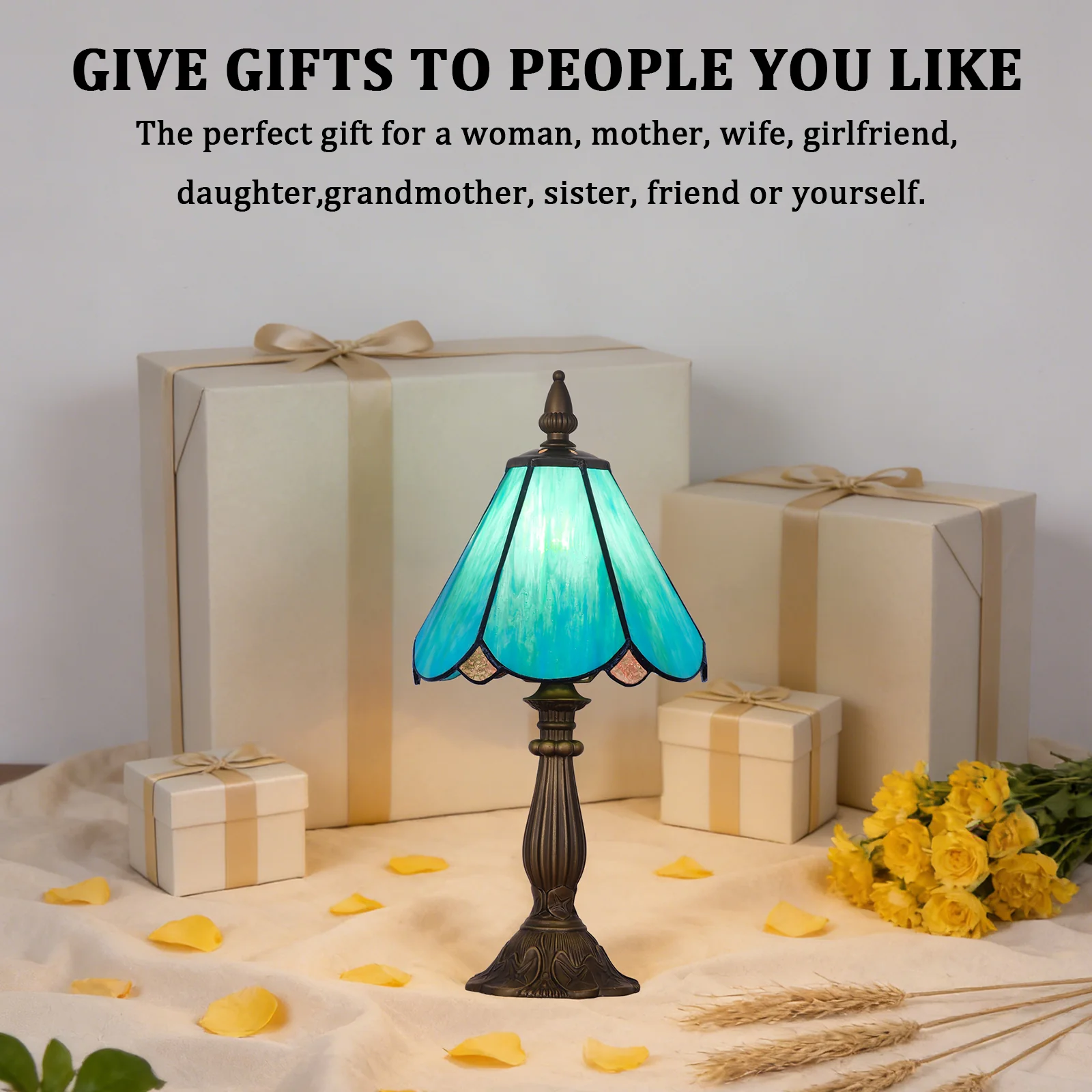 Cotoss Tiffany Table Lamp,Handcrafts Stained Glass Style Table Light,Small Desk Bedside Table Night Lamp for Living Room Bedroom Study Office Bookcase Desk Light - Image 6