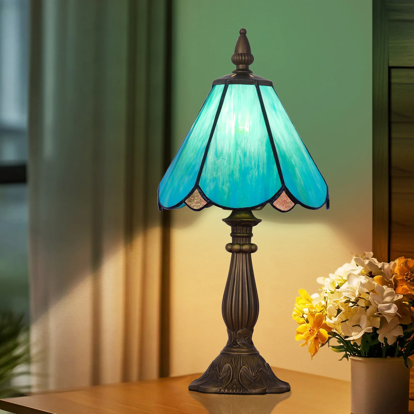 Cotoss Tiffany Table Lamp,Handcrafts Stained Glass Style Table Light,Small Desk Bedside Table Night Lamp for Living Room Bedroom Study Office Bookcase Desk Light - Image 8