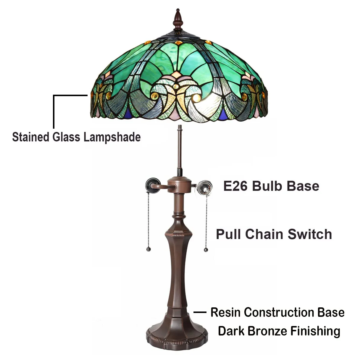 COTOSS Tiffany Table Lamp Sea Green Stained Glass Table Light Antique Style 16 inch Large Desk Lamp 2 Light Victorian Vintage Beside Reading Lamp for Living Room Bedroom Office - Image 3
