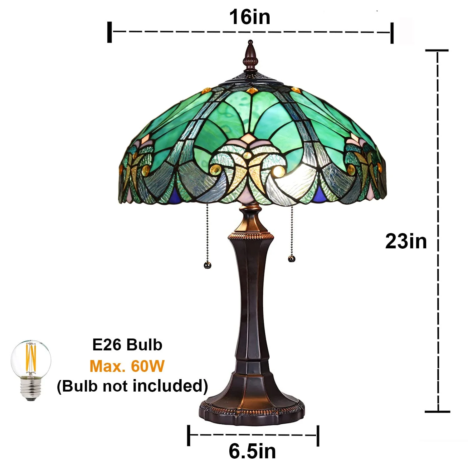 COTOSS Tiffany Table Lamp Sea Green Stained Glass Table Light Antique Style 16 inch Large Desk Lamp 2 Light Victorian Vintage Beside Reading Lamp for Living Room Bedroom Office - Image 4