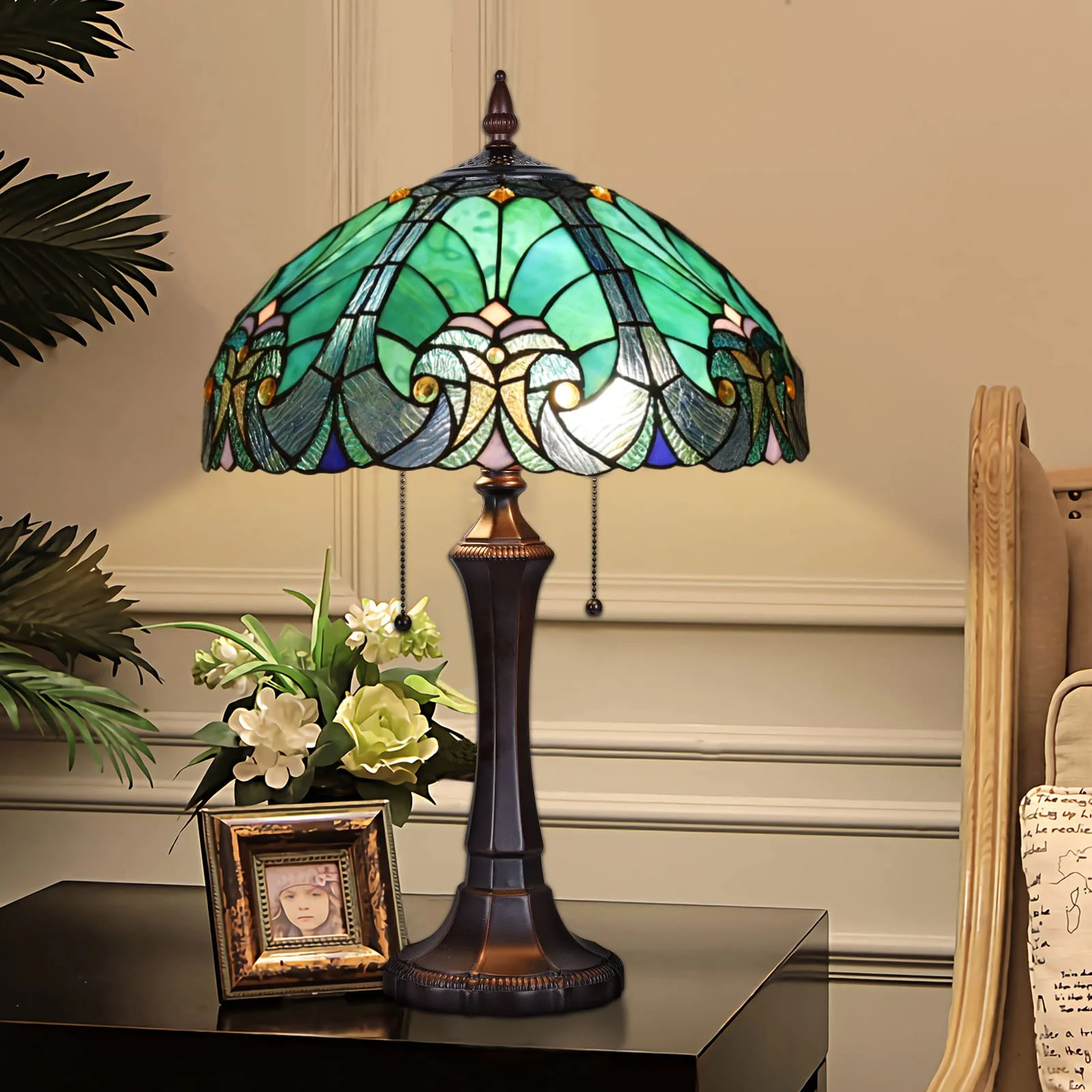 COTOSS Tiffany Table Lamp Sea Green Stained Glass Table Light Antique Style 16 inch Large Desk Lamp 2 Light Victorian Vintage Beside Reading Lamp for Living Room Bedroom Office - Image 5
