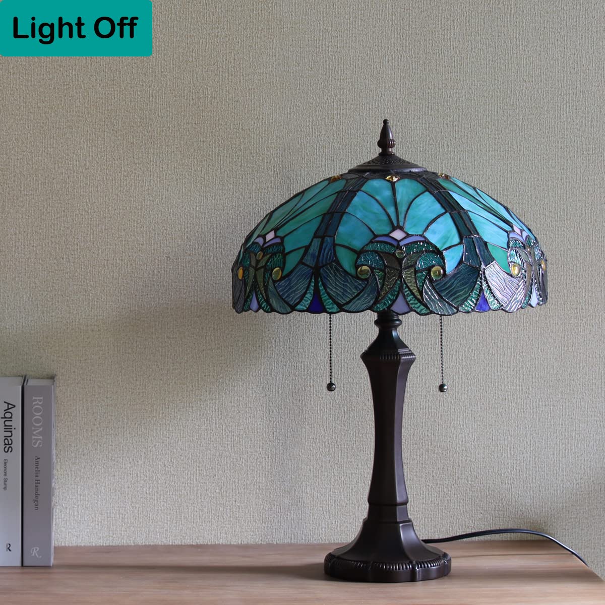 COTOSS Tiffany Table Lamp Sea Green Stained Glass Table Light Antique Style 16 inch Large Desk Lamp 2 Light Victorian Vintage Beside Reading Lamp for Living Room Bedroom Office - Image 6