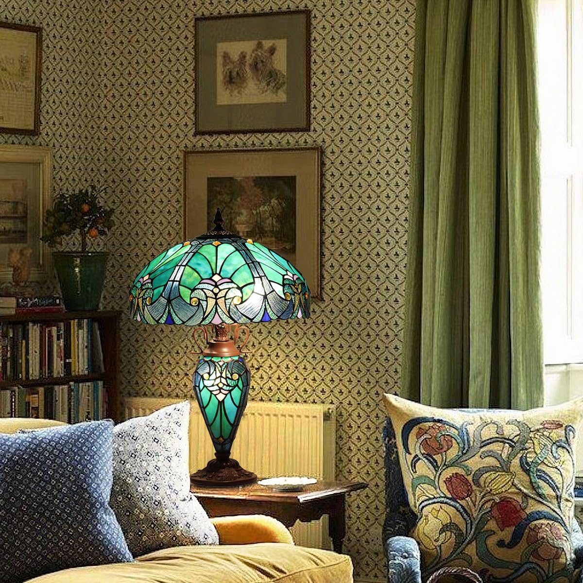 COTOSS Tiffany Table Lamp with Night Light 16 inch Large Stained Glass Table Light Victorian Style Sea Green Antique 3 Light Desk Lamp for Living Room Bedroom Office - Image 4