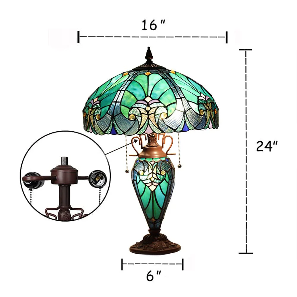 COTOSS Tiffany Table Lamp with Night Light 16 inch Large Stained Glass Table Light Victorian Style Sea Green Antique 3 Light Desk Lamp for Living Room Bedroom Office - Image 5