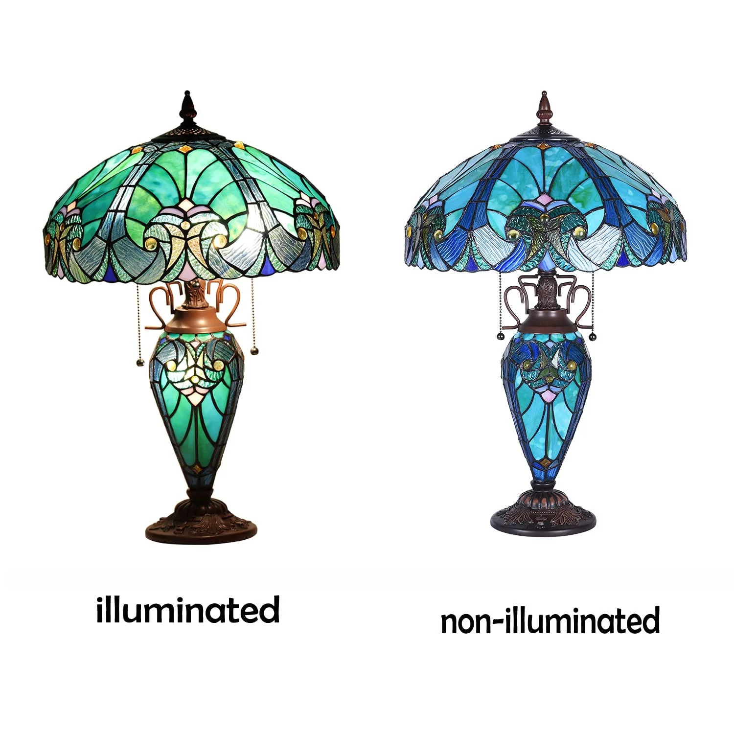 COTOSS Tiffany Table Lamp with Night Light 16 inch Large Stained Glass Table Light Victorian Style Sea Green Antique 3 Light Desk Lamp for Living Room Bedroom Office - Image 6