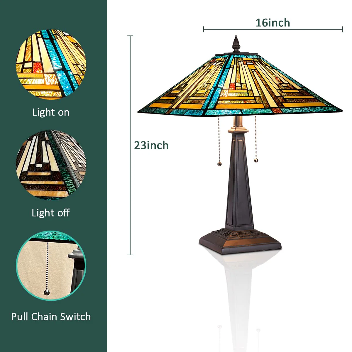COTOSS Tiffany Table Lamps 16 Wide Handmade Stained Glass Desk Lamp for Reading 2 Lights Green Mission Style Antique Table Light for Living Room Bedroom Office - Image 5