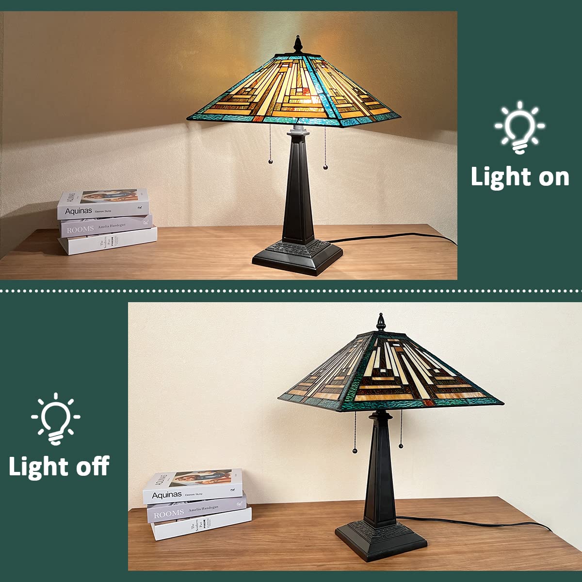 COTOSS Tiffany Table Lamps 16 Wide Handmade Stained Glass Desk Lamp for Reading 2 Lights Green Mission Style Antique Table Light for Living Room Bedroom Office - Image 6