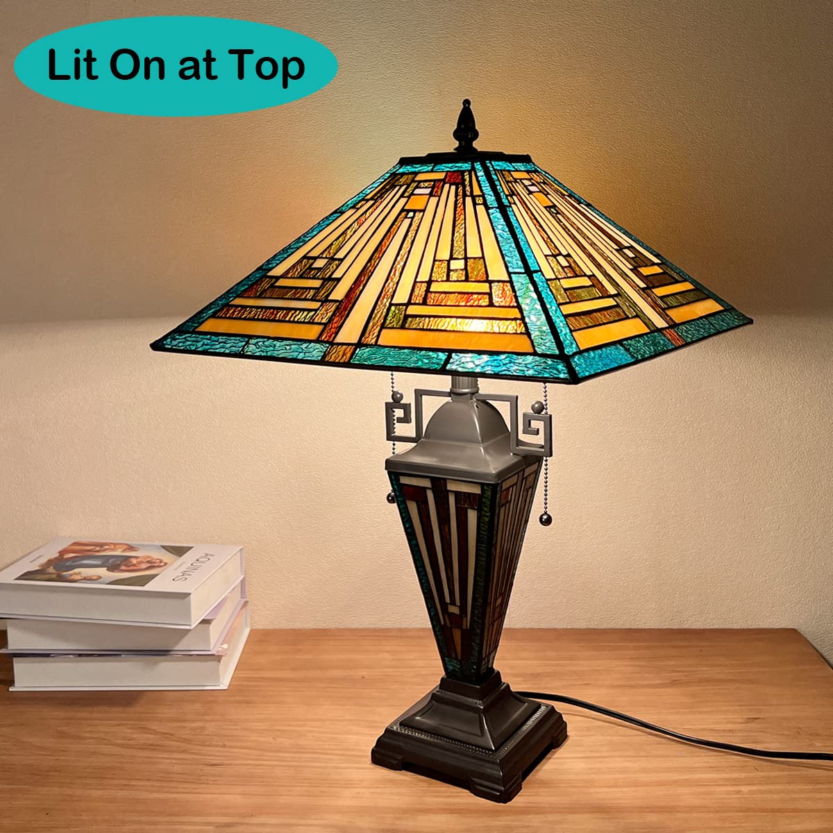 COTOSS Tiffany Table Lamps with Nightlight 16 Wide Handmade Stained Glass Desk Lamp for Reading 3 Lights Green Mission Style Antique Table Light for Living Room Bedroom Office - Image 5