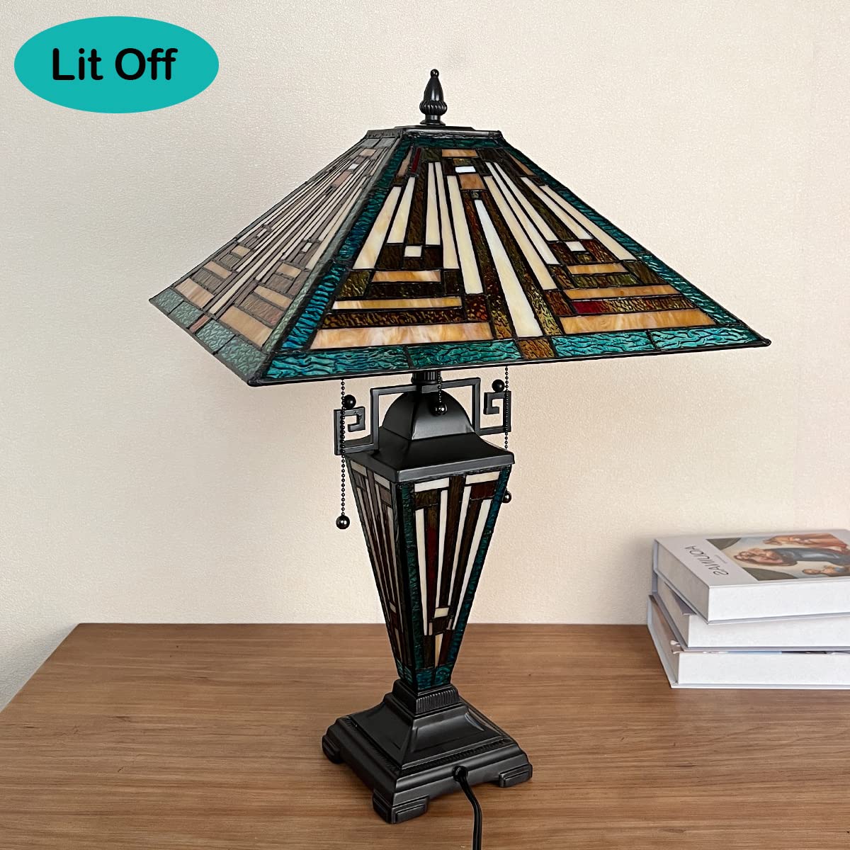 COTOSS Tiffany Table Lamps with Nightlight 16 Wide Handmade Stained Glass Desk Lamp for Reading 3 Lights Green Mission Style Antique Table Light for Living Room Bedroom Office - Image 6