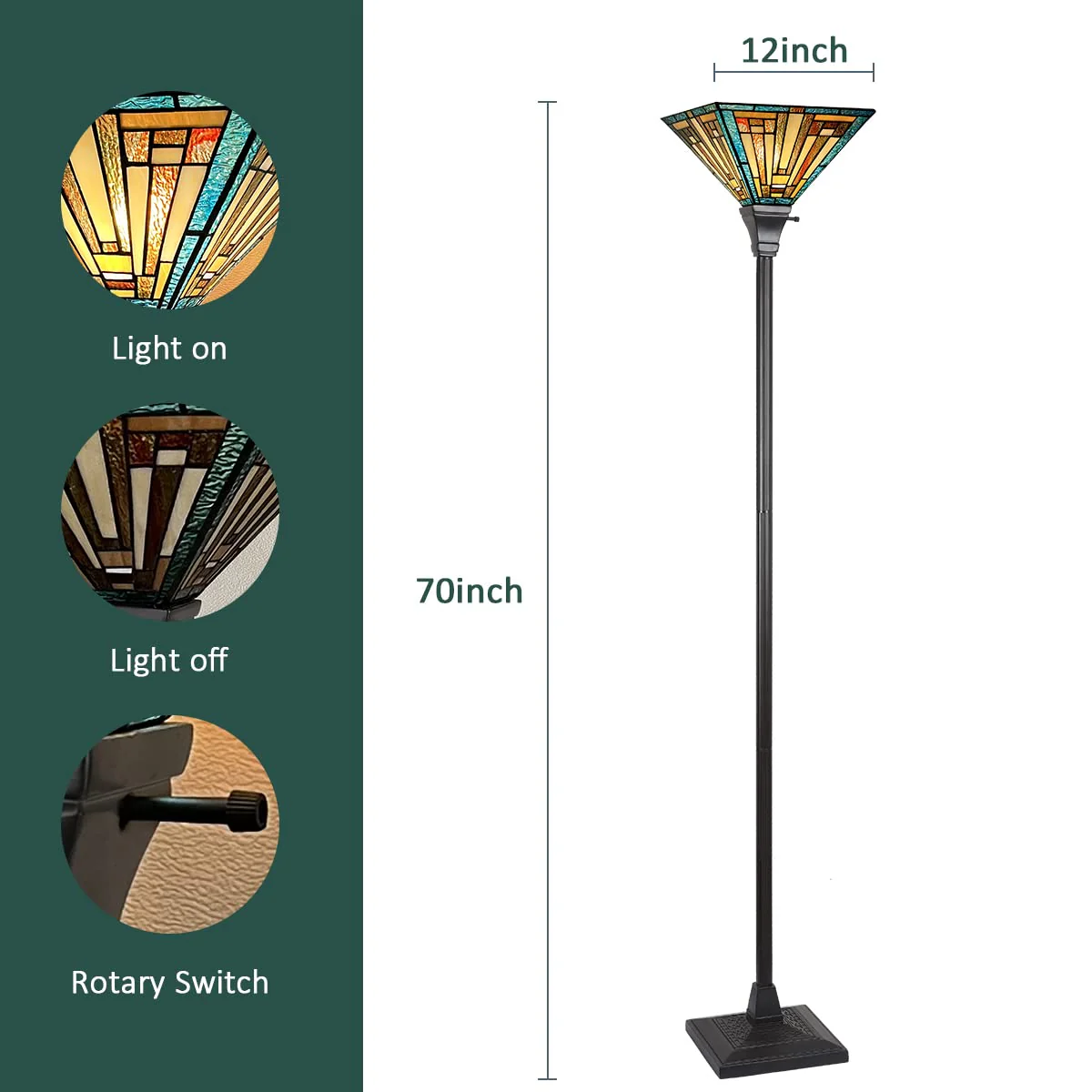 COTOSS Tiffany Torchiere Floor Lamp Mission Style Green Stained Glass Torch Light 70" Tall Antique Standing Corner Light for Living Room Bedroom Home Office - Image 5