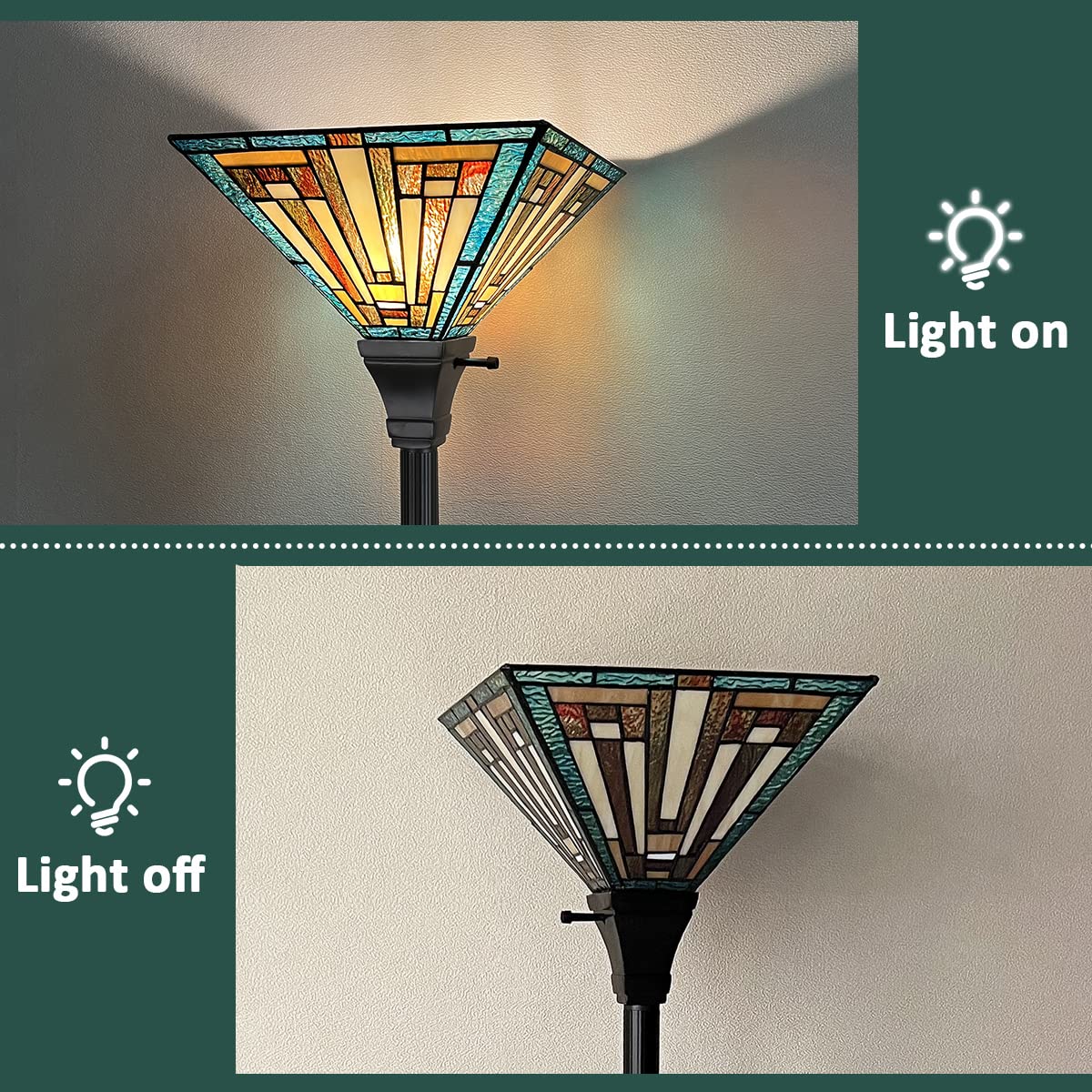 COTOSS Tiffany Torchiere Floor Lamp Mission Style Green Stained Glass Torch Light 70" Tall Antique Standing Corner Light for Living Room Bedroom Home Office - Image 6