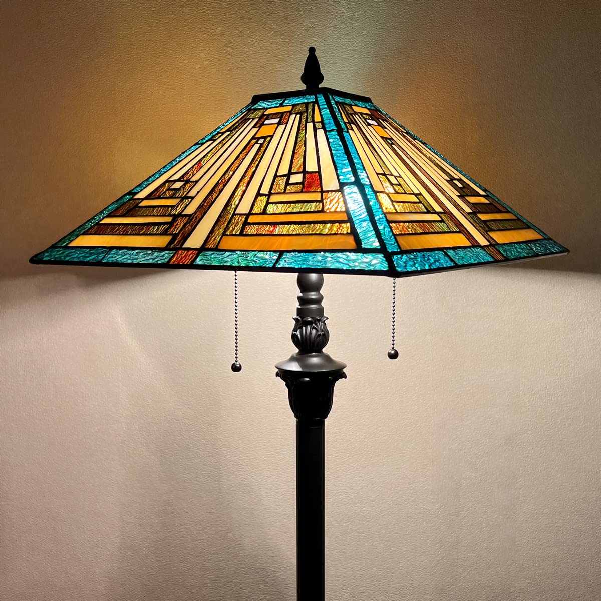 COTOSS Tiffany Floor Lamp Mission Style Green Stained Glass Floor Light for Reading Antique 16 Double Light Standing Lamp for Living Room Bedroom Home Office