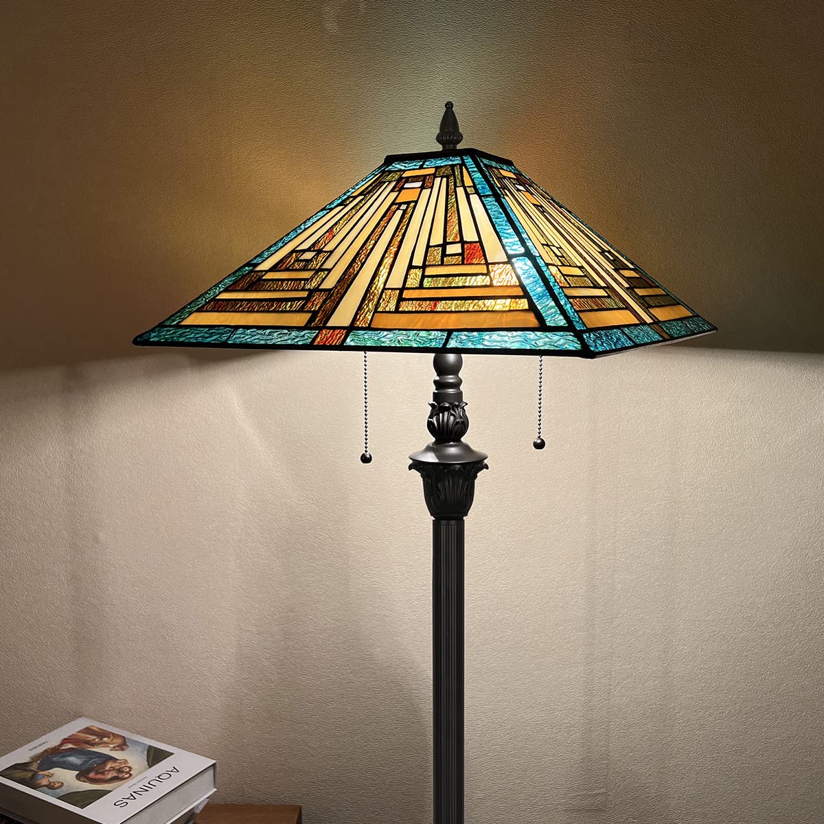 COTOSS Tiffany Floor Lamp Mission Style Green Stained Glass Floor Light for Reading Antique 16 Double Light Standing Lamp for Living Room Bedroom Home Office - Image 2