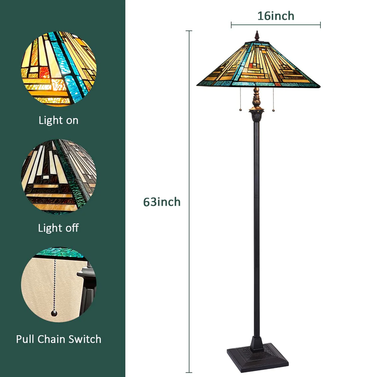 COTOSS Tiffany Floor Lamp Mission Style Green Stained Glass Floor Light for Reading Antique 16 Double Light Standing Lamp for Living Room Bedroom Home Office - Image 5