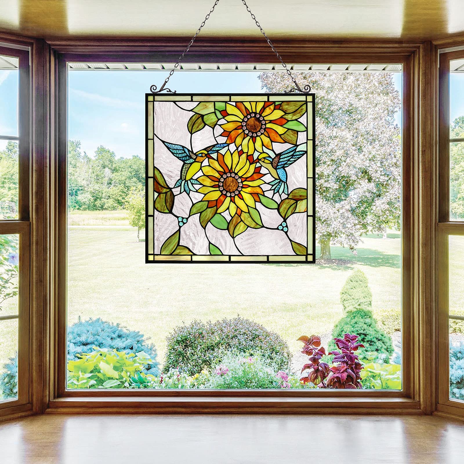 Capulina Sunflower and Birds Large Stained Glass  Window Hangings Tiffany Glass - Image 3