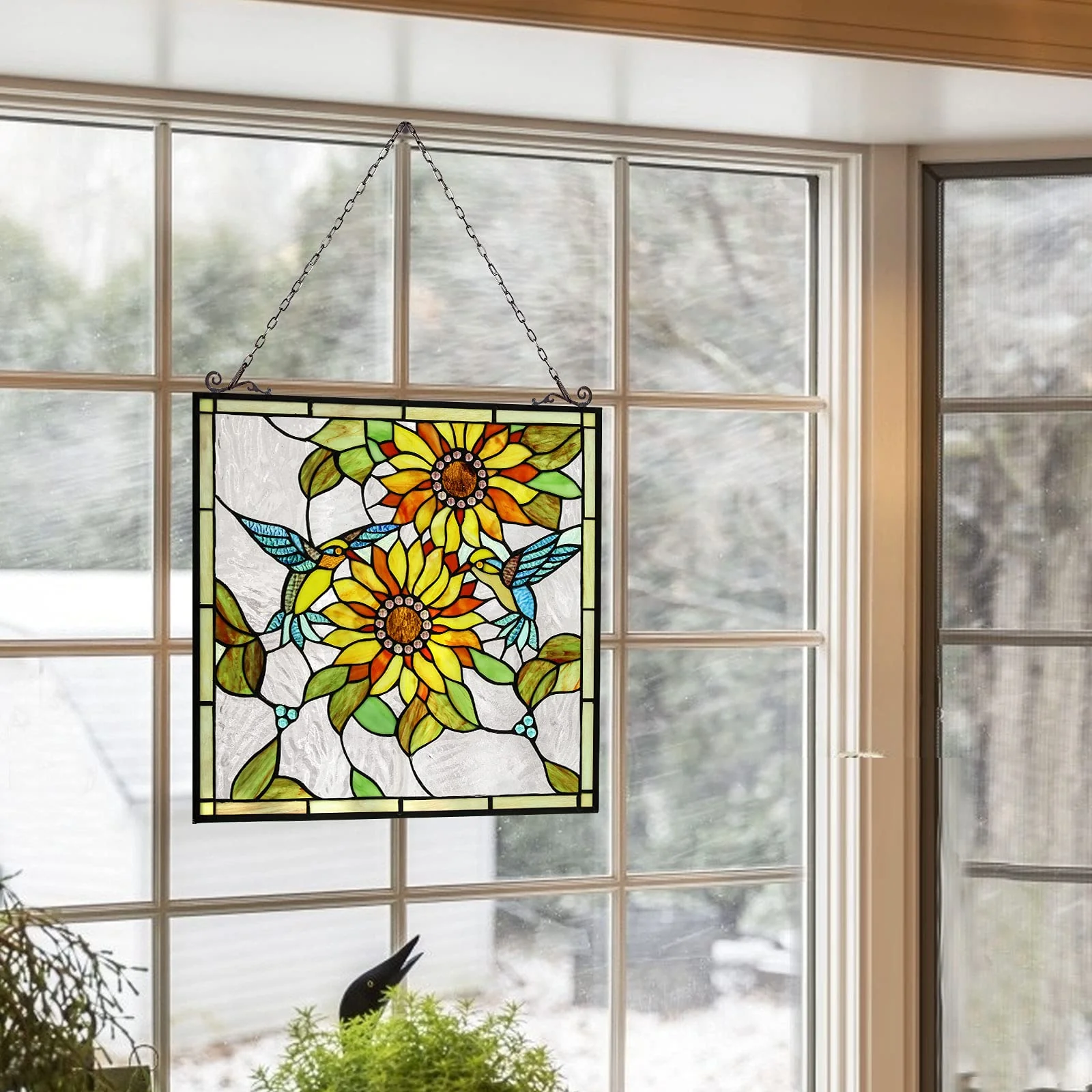 Capulina Sunflower and Birds Large Stained Glass  Window Hangings Tiffany Glass - Image 4