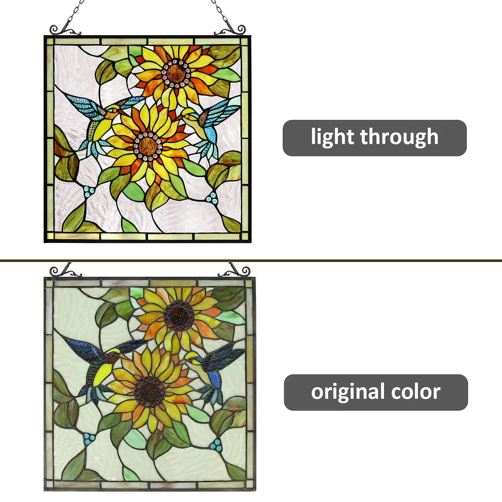 Capulina Sunflower and Birds Large Stained Glass  Window Hangings Tiffany Glass - Image 6