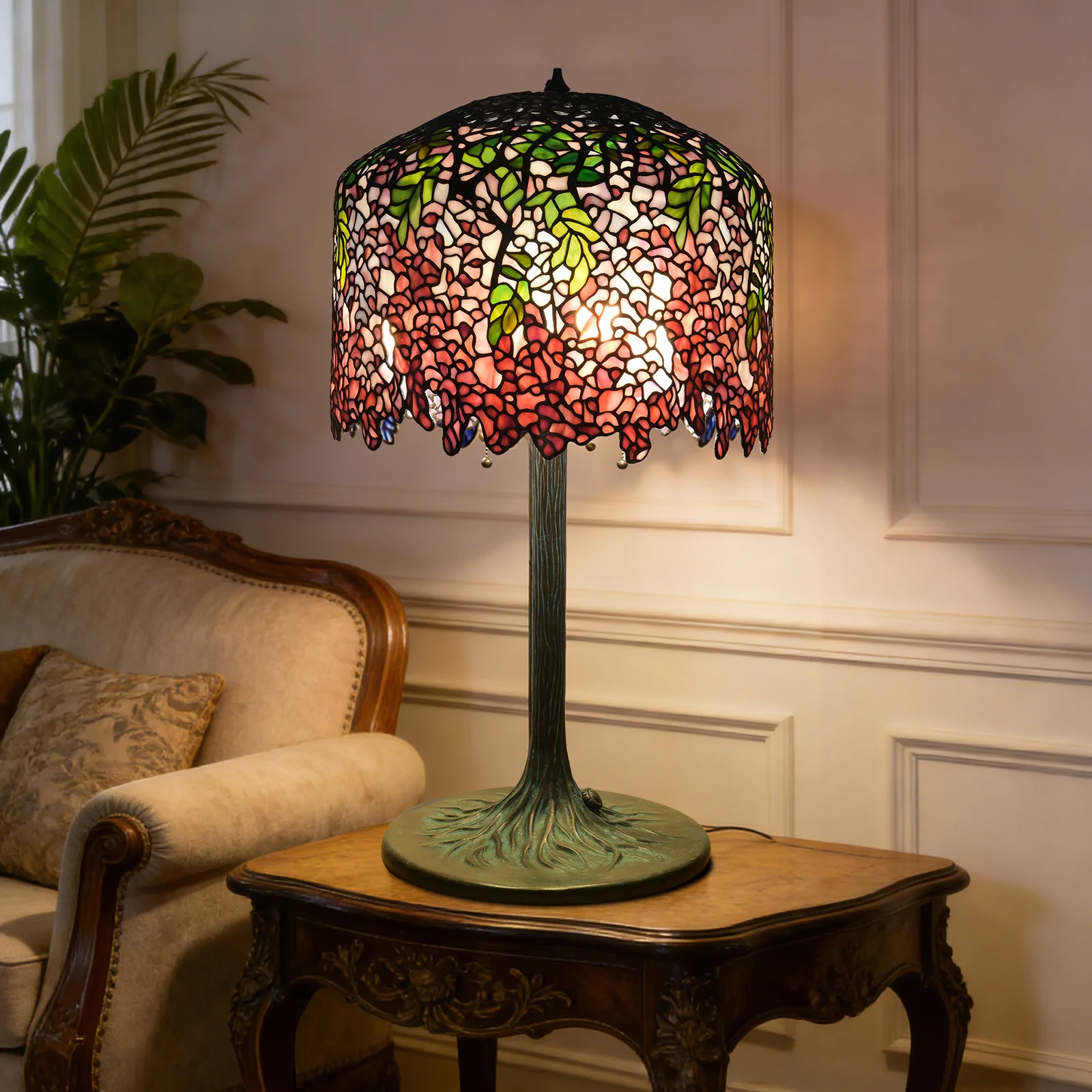 Thatyears Pink Wisteria Tiffany Style Table Lamp – Handcrafted Stained Glass Decorative Lamp for Living Room, Bedroom, Home Office - Image 6