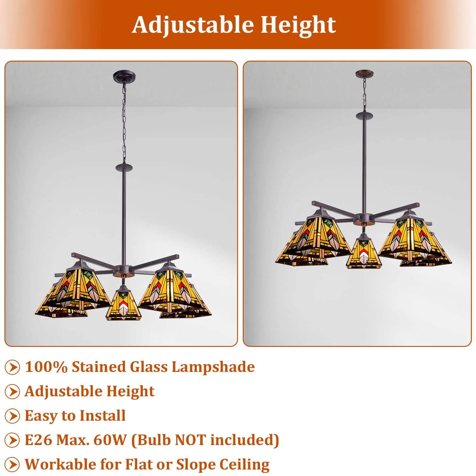 Thatyears Tiffany Chandelier Pendant Light 5 Light-7 Inches Mission Firecracker Style Stained Glass Craftsman Hangings Lamp for Dining Living Room Foyer Kitchen - Image 4