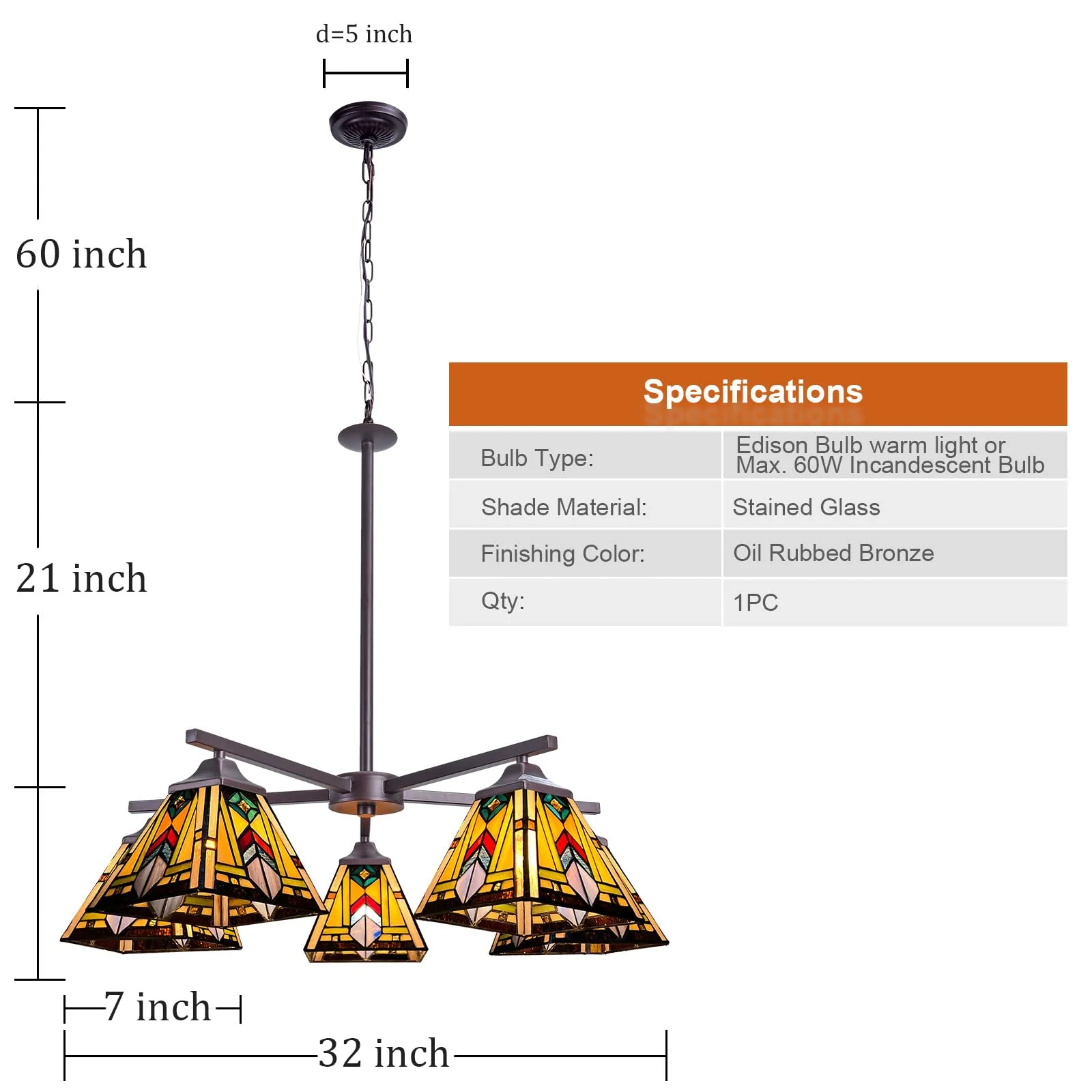 Thatyears Tiffany Chandelier Pendant Light 5 Light-7 Inches Mission Firecracker Style Stained Glass Craftsman Hangings Lamp for Dining Living Room Foyer Kitchen - Image 5