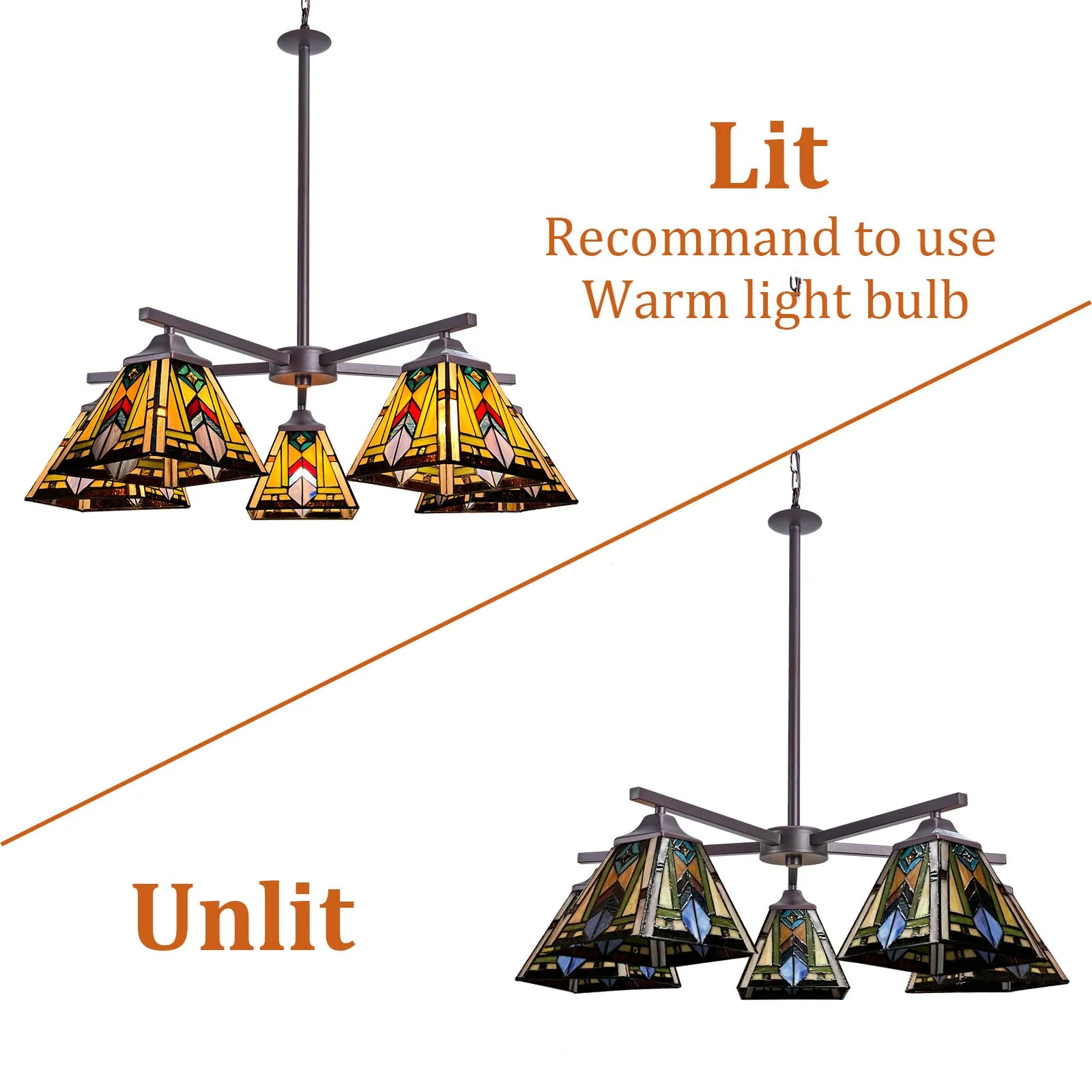 Thatyears Tiffany Chandelier Pendant Light 5 Light-7 Inches Mission Firecracker Style Stained Glass Craftsman Hangings Lamp for Dining Living Room Foyer Kitchen - Image 7