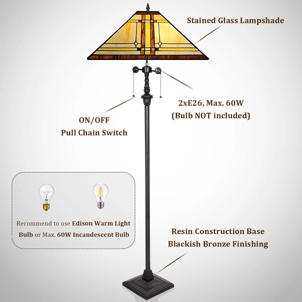 Thatyears Tiffany Floor Lamp Cream Diamond Style Stained Glass 16X16X65 inches Standing Lamp for Living Room Bedroom Office - Image 3