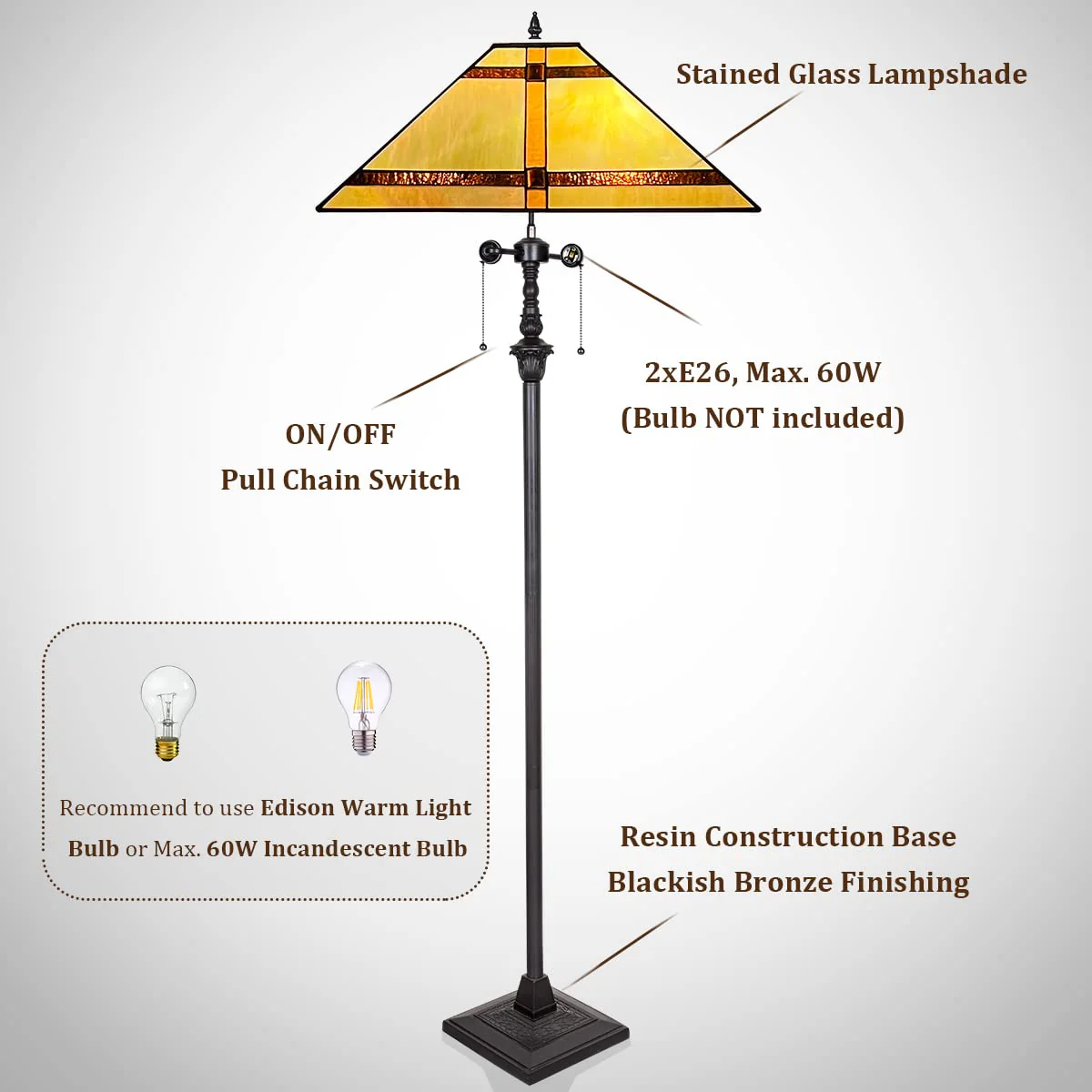 Thatyears Tiffany Floor Lamps, Cream Cross Mission Style Stained Glass 16X16X65 Inches Antique Pole Standing Reading Lamps Decor Living Room Bedroom Home Office - Image 5