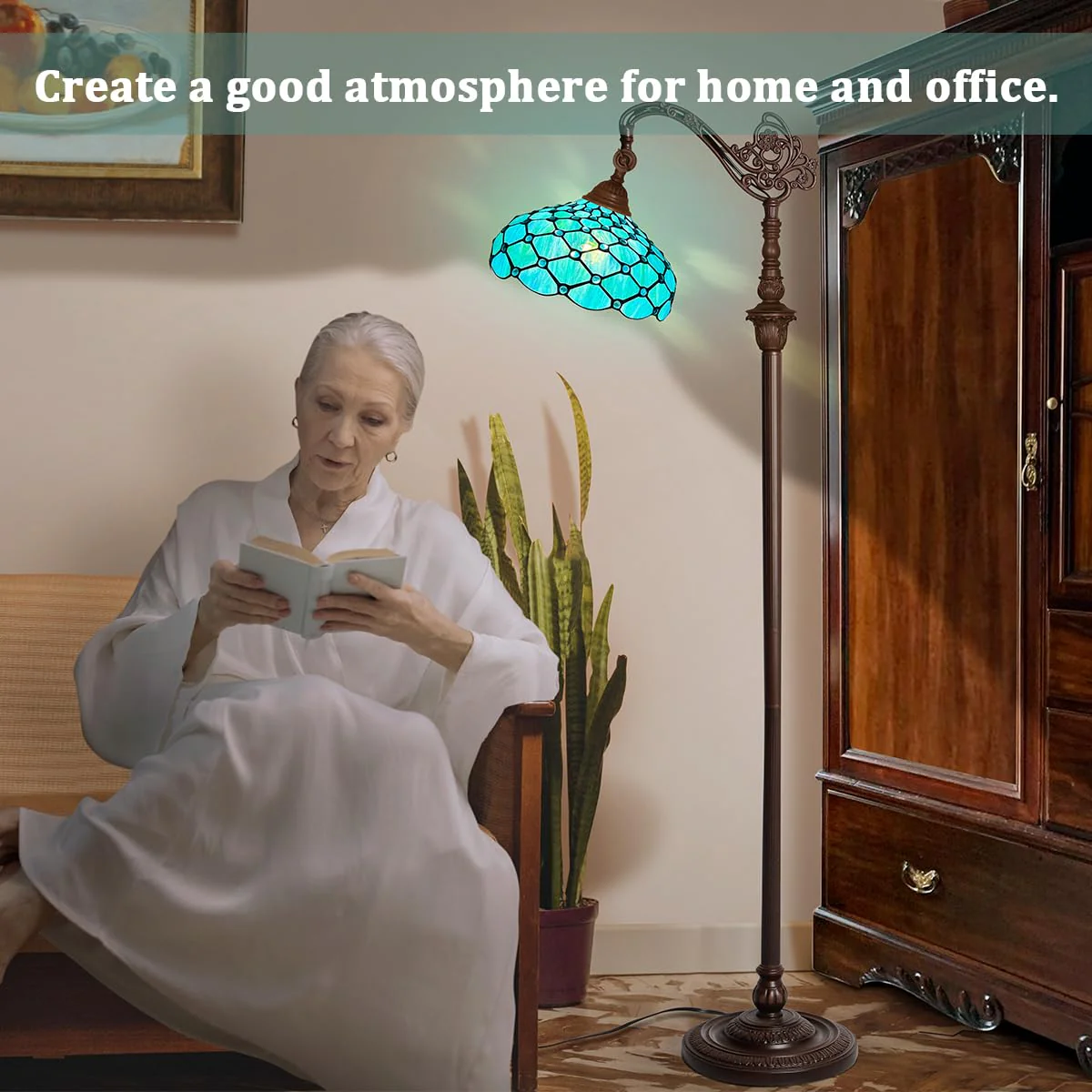 Thatyears Tiffany Floor Lamp Seagrass Blue Beads Style Stained Glass Gooseneck Arched Adjustable Corner Standing Reading Light Decor Bedroom Living Room Home Office - Image 3