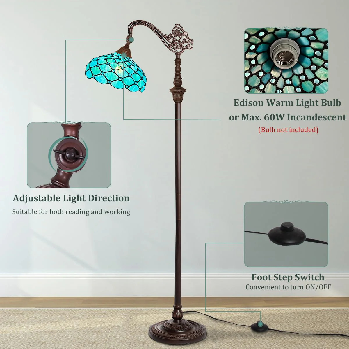Thatyears Tiffany Floor Lamp Seagrass Blue Beads Style Stained Glass Gooseneck Arched Adjustable Corner Standing Reading Light Decor Bedroom Living Room Home Office - Image 5