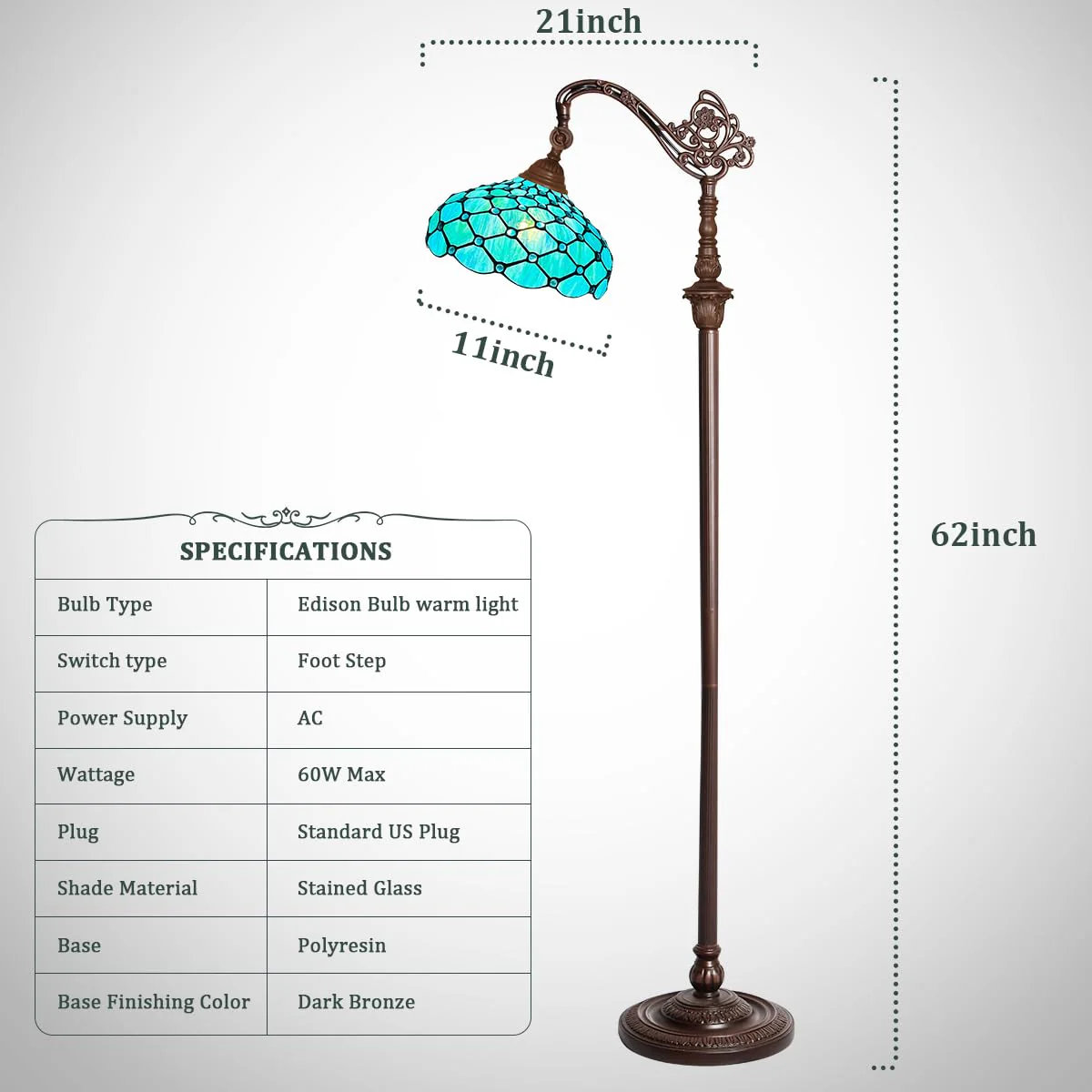Thatyears Tiffany Floor Lamp Seagrass Blue Beads Style Stained Glass Gooseneck Arched Adjustable Corner Standing Reading Light Decor Bedroom Living Room Home Office - Image 6