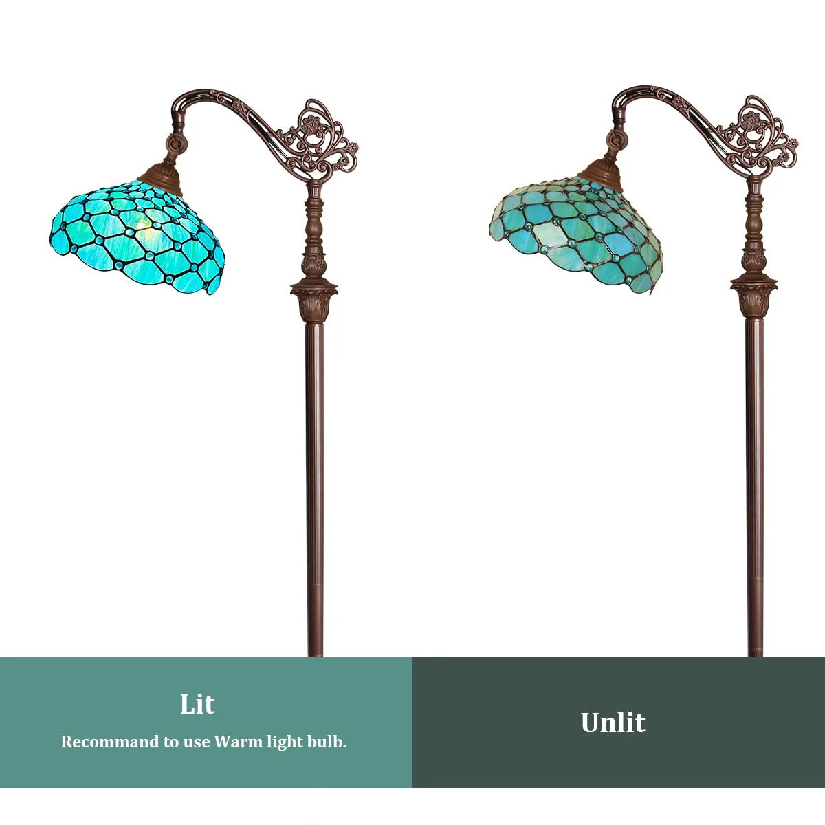 Thatyears Tiffany Floor Lamp Seagrass Blue Beads Style Stained Glass Gooseneck Arched Adjustable Corner Standing Reading Light Decor Bedroom Living Room Home Office - Image 7