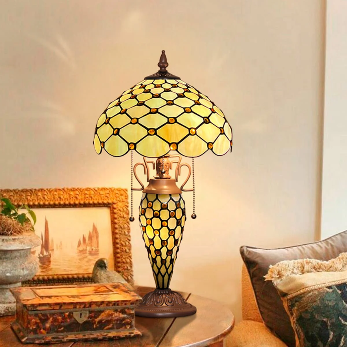 Thatyears Tiffany Lamp, White Beads Style Stained Glass Table Lamp 12X12X23 Inches Mother-Daughter Vase Desk Reading Lamp Decor Bedroom Living Room Home Office - Image 4