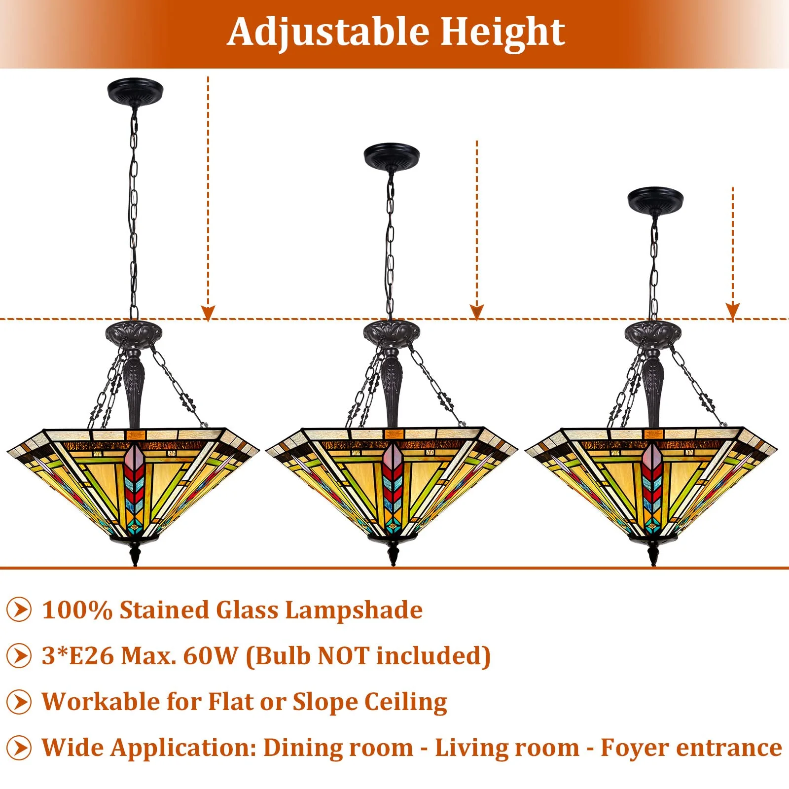 Thatyears Tiffany Pendant Light Fixtures 3 Light-22 inches Wide Handmade Stained Glass Inverted Pendant Lighting for Kitchen Island Living Room Dining Room Foyer - Image 5