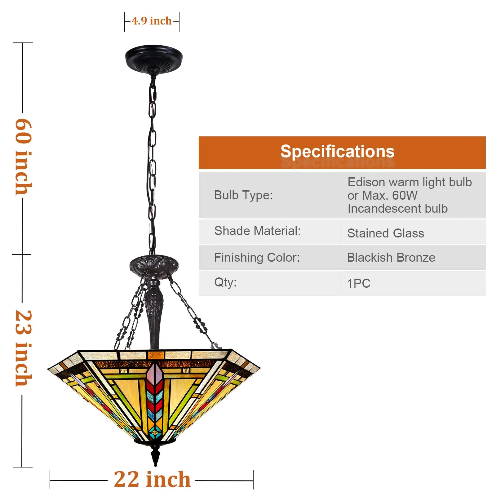 Thatyears Tiffany Pendant Light Fixtures 3 Light-22 inches Wide Handmade Stained Glass Inverted Pendant Lighting for Kitchen Island Living Room Dining Room Foyer - Image 6